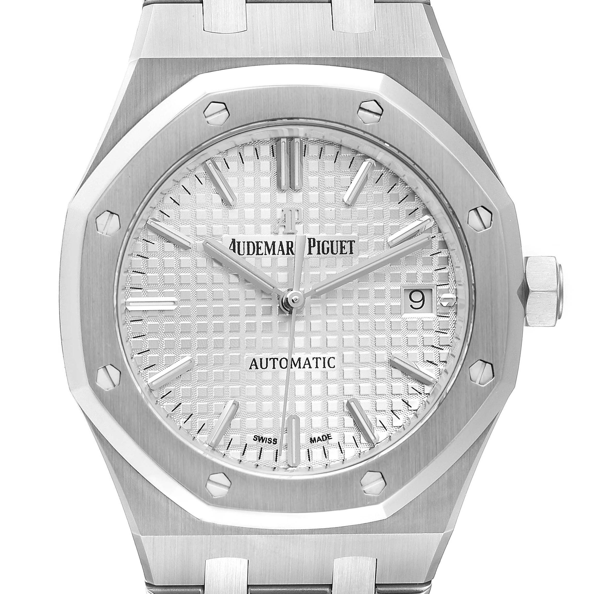 The image displays a close-up view of the dial, bezel, crown, and part of the bracelet of the Audemars Piguet Royal Oak 15450ST.OO.1256ST.01 Men's Stainless Steel Silver Dial 15450ST.OO.1256ST.01 Men's Stainless Steel Silver Dial watch.