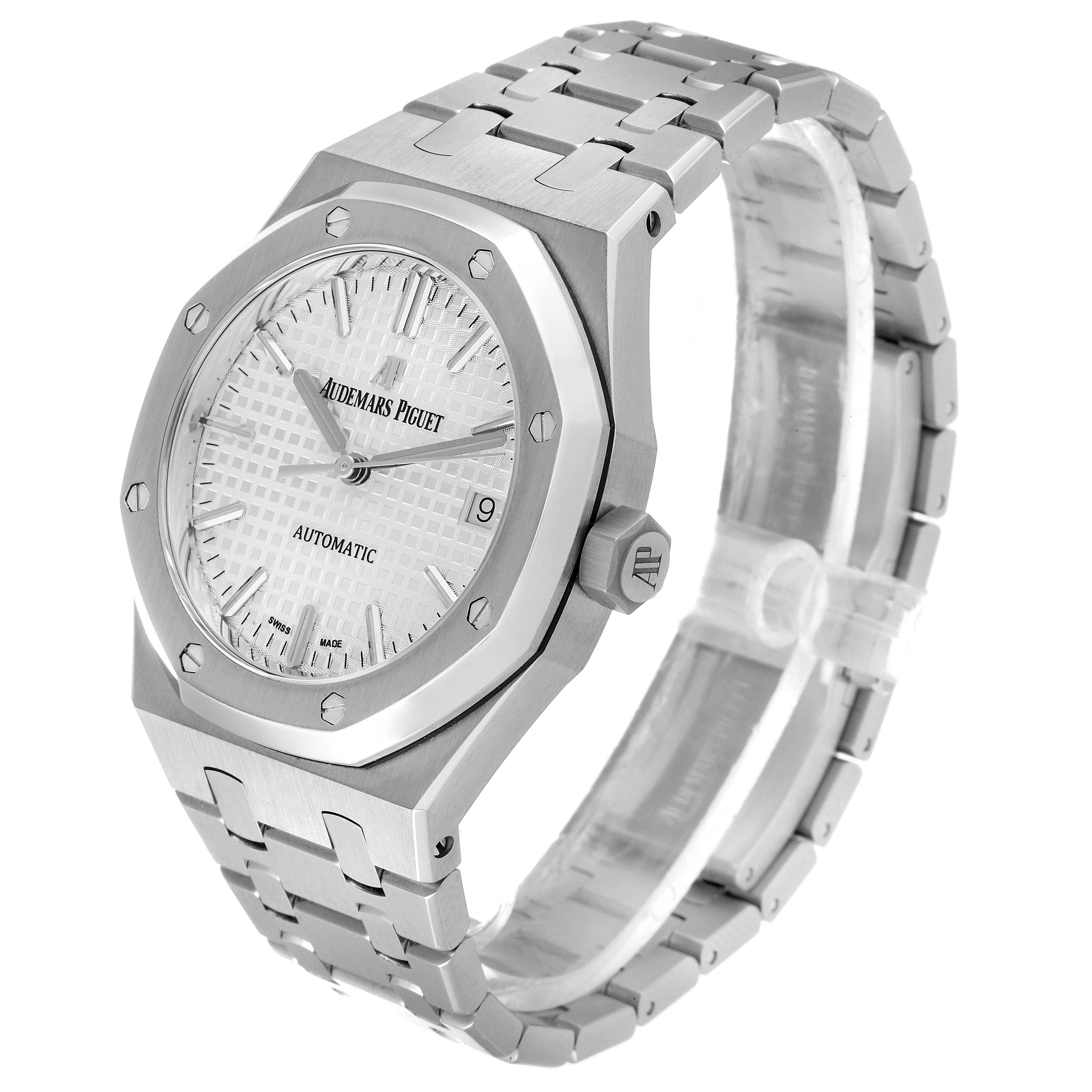 This image shows a side-front angle of an Audemars Piguet Royal Oak 15450ST.OO.1256ST.01 Men's Stainless Steel Silver Dial 15450ST.OO.1256ST.01 Men's Stainless Steel Silver Dial watch, highlighting its face, bracelet, and crown.