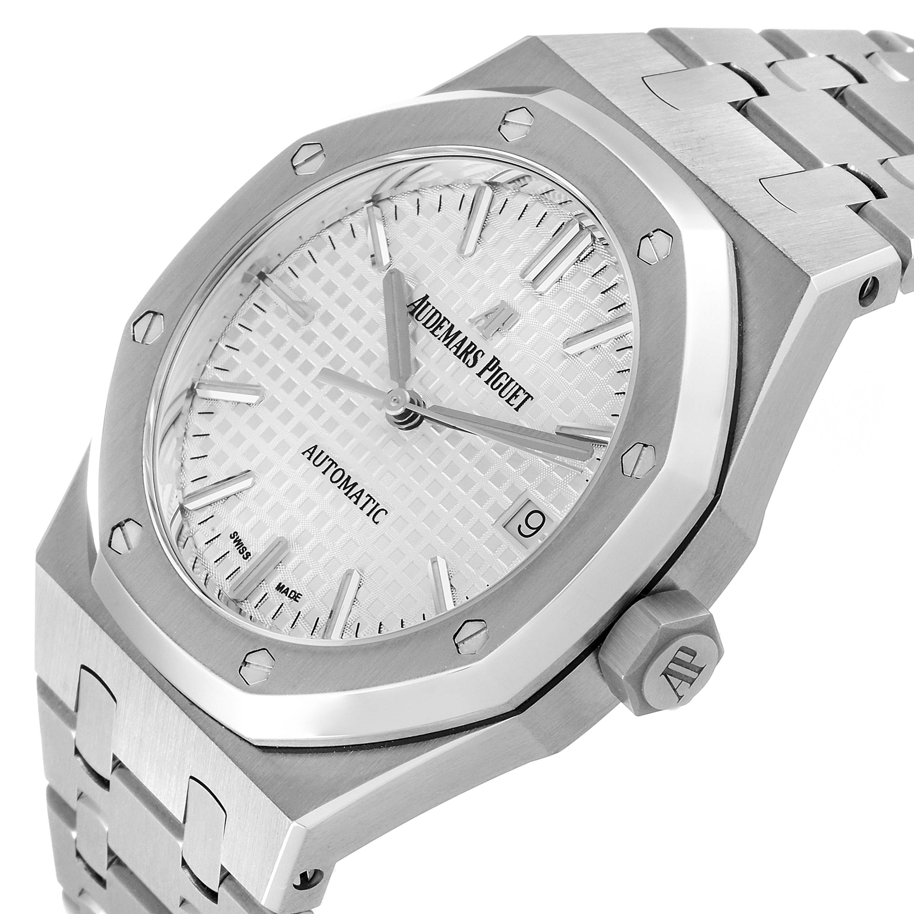 The image shows a close-up, angled view of the face and part of the bracelet of an Audemars Piguet Royal Oak 15450ST.OO.1256ST.01 Men's Stainless Steel Silver Dial 15450ST.OO.1256ST.01 Men's Stainless Steel Silver Dial watch.