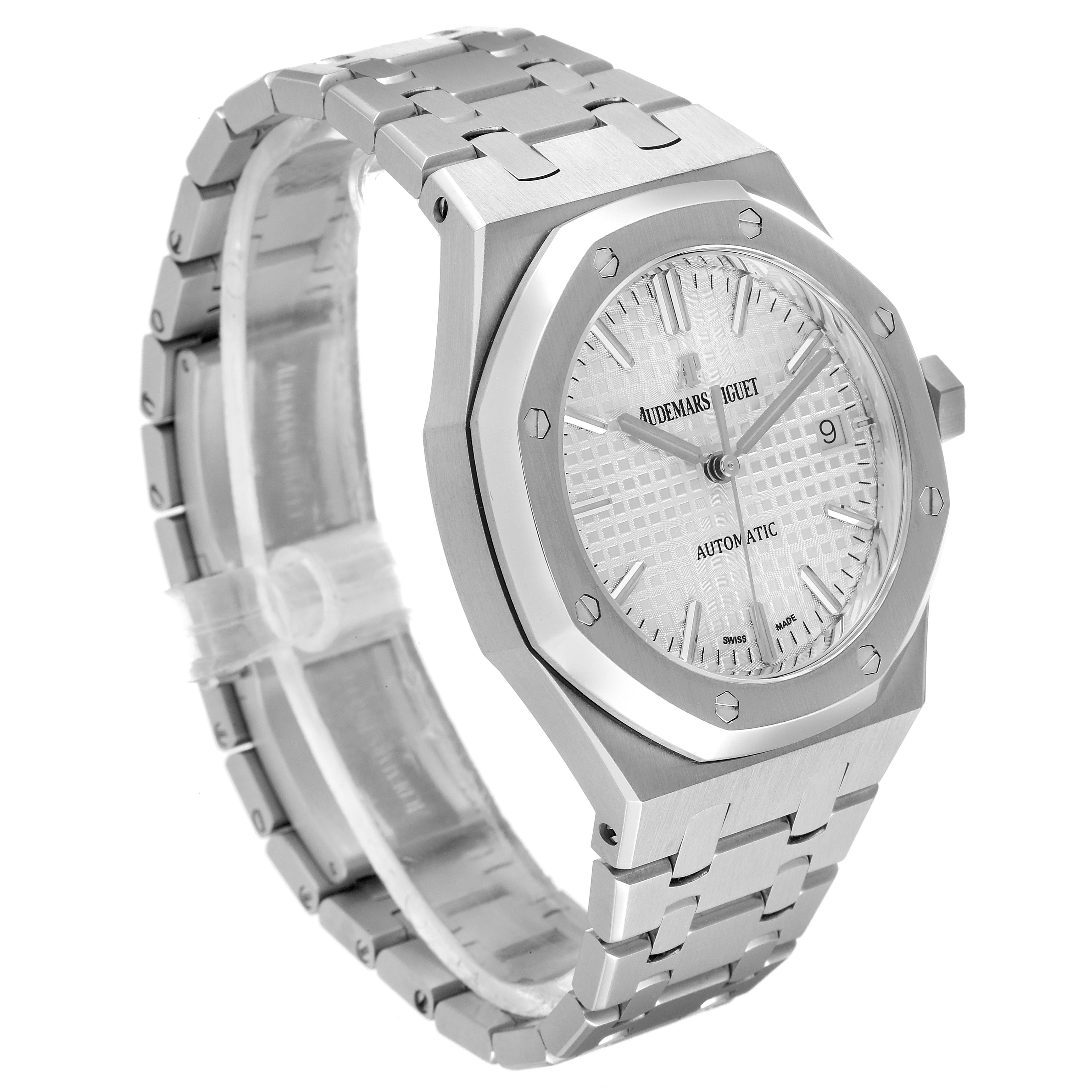 The image shows a side-angle view of an Audemars Piguet Royal Oak 15450ST.OO.1256ST.01 Men's Stainless Steel Silver Dial 15450ST.OO.1256ST.01 Men's Stainless Steel Silver Dial watch, highlighting its bracelet, case, and dial.