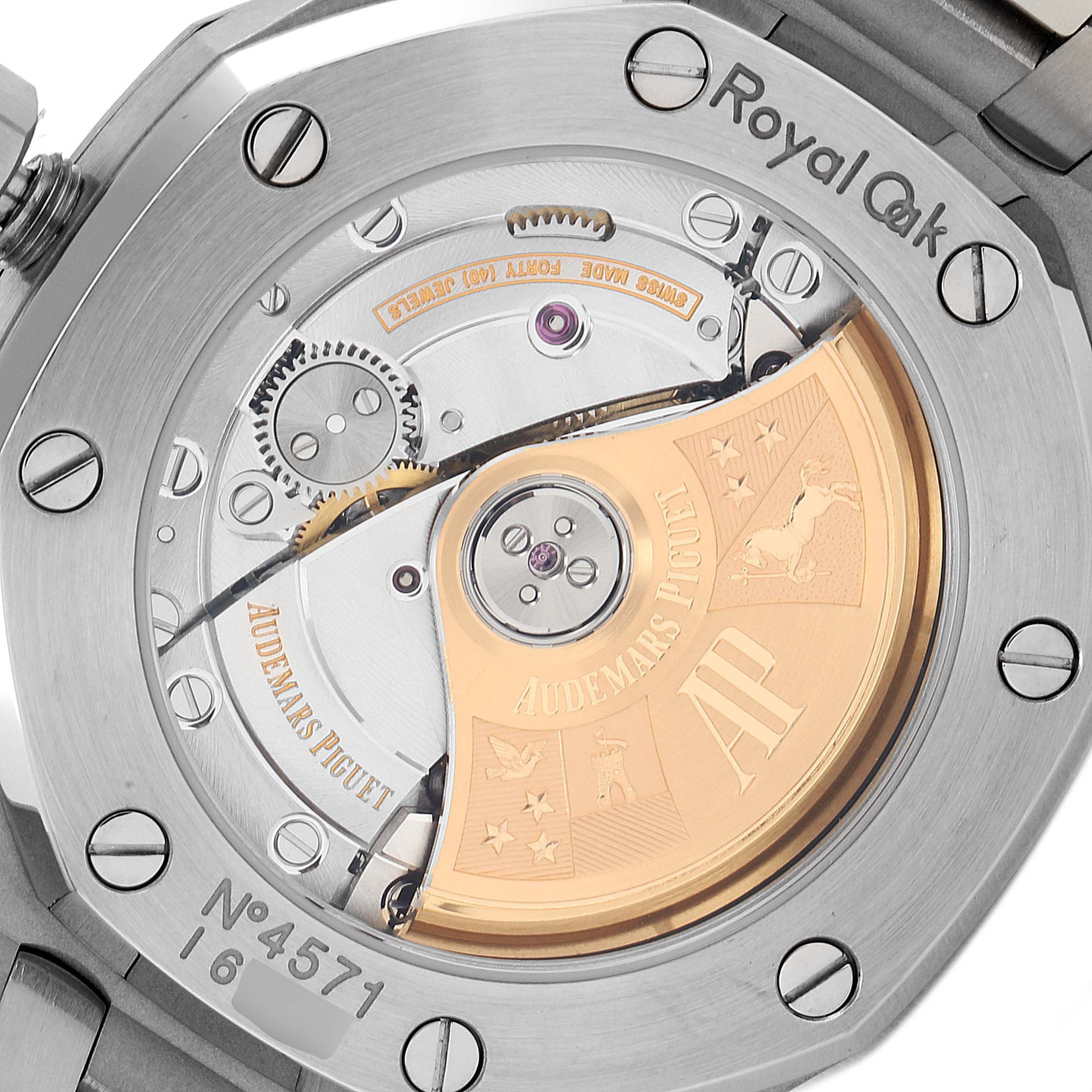 The image shows the back of the Audemars Piguet Royal Oak 15450ST.OO.1256ST.01 Men's Stainless Steel Silver Dial 15450ST.OO.1256ST.01 Men's Stainless Steel Silver Dial watch, revealing its intricate movement and rotor.