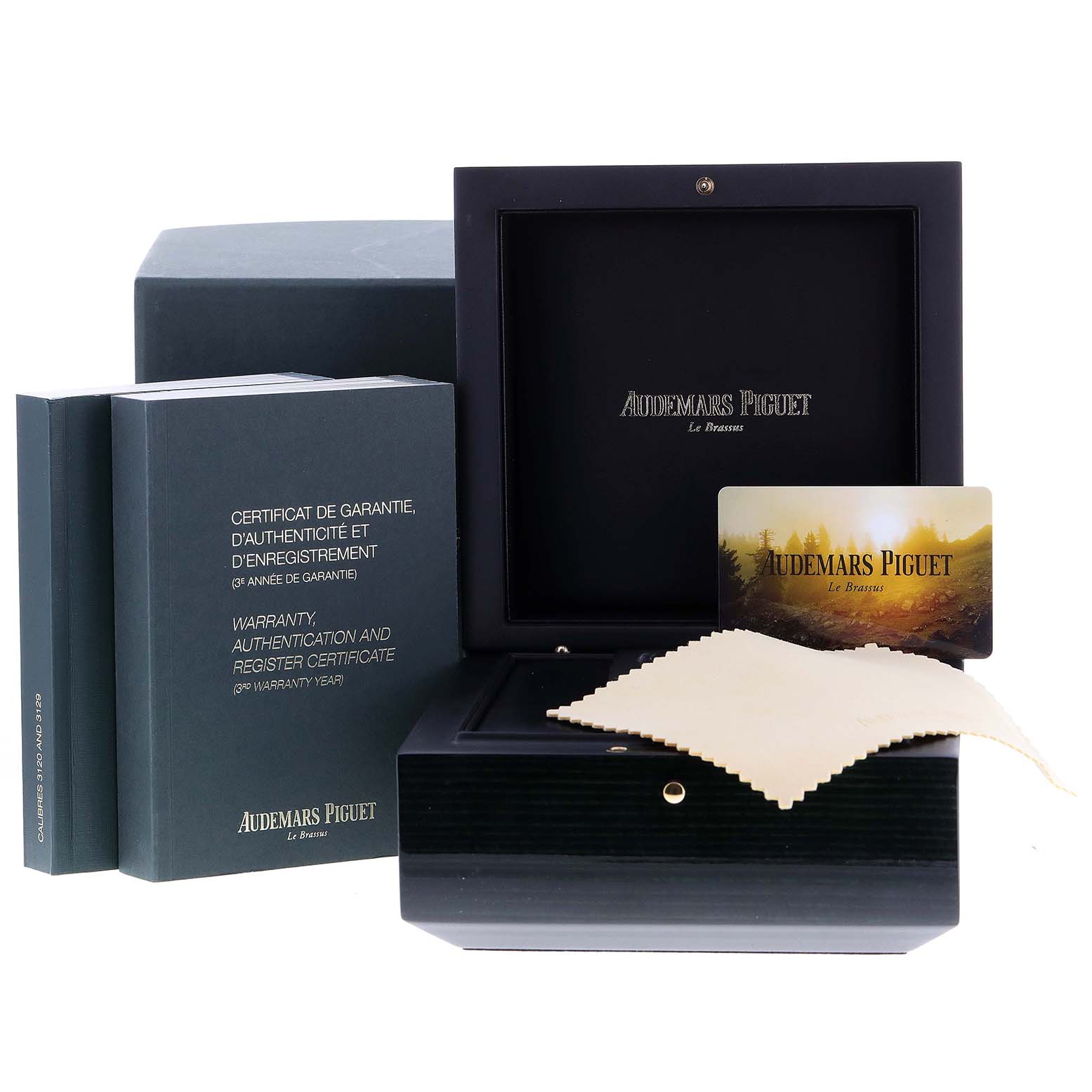 The image shows the box, warranty card, cleaning cloth, and documentation for a Royal Oak model by Audemars Piguet.