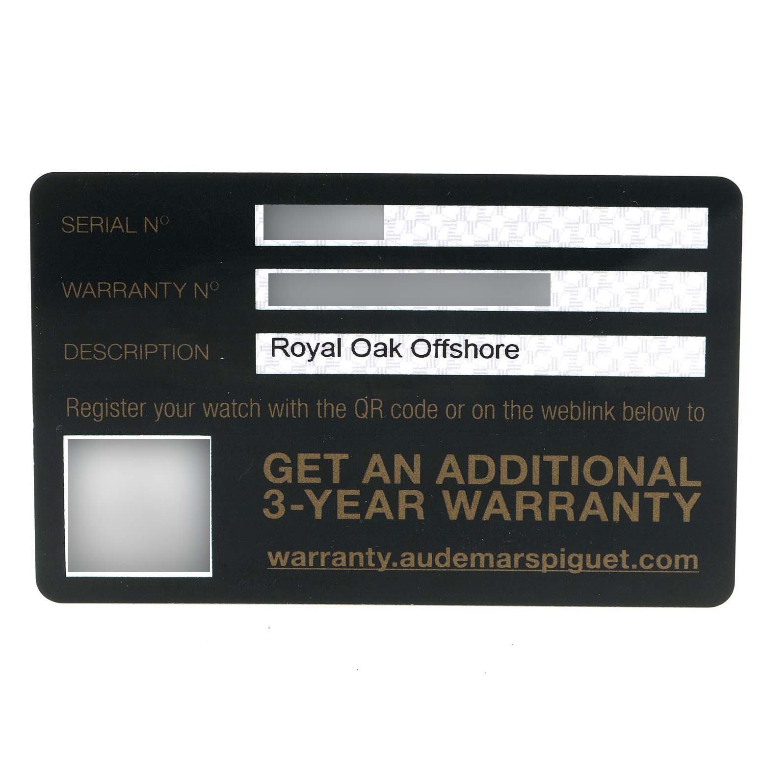The image shows a warranty card for the Audemars Piguet Royal Oak Offshore 26470ST.OO.A028CR.01 Men's Stainless Steel Black Dial 26470ST.OO.A028CR.01 Men's Stainless Steel Black Dial watch.
