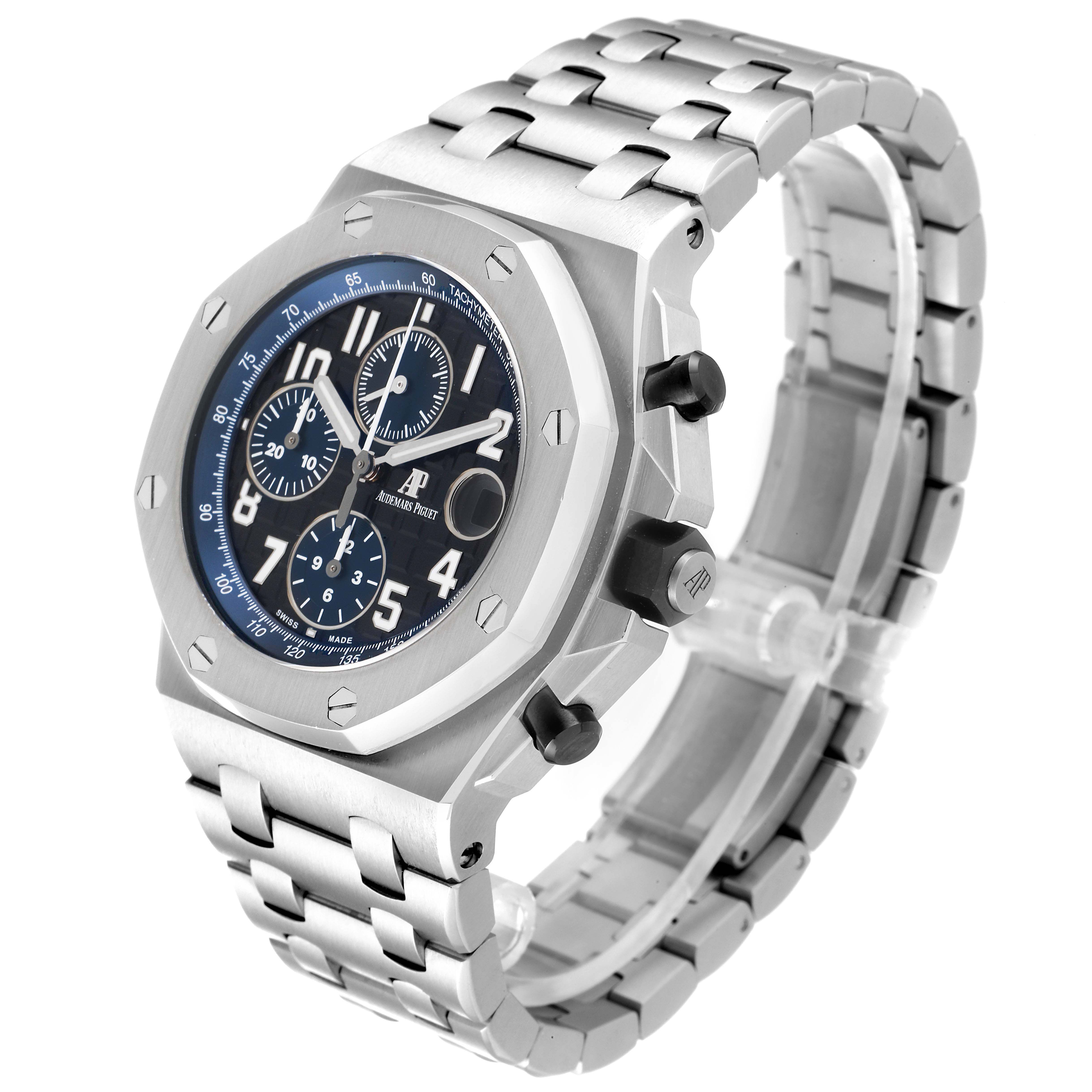 The image shows a side view of the Audemars Piguet Royal Oak Offshore 26470ST.OO.A028CR.01 Men's Stainless Steel Black Dial 26470ST.OO.A028CR.01 Men's Stainless Steel Black Dial watch, highlighting its face, bezel, and metal bracelet.