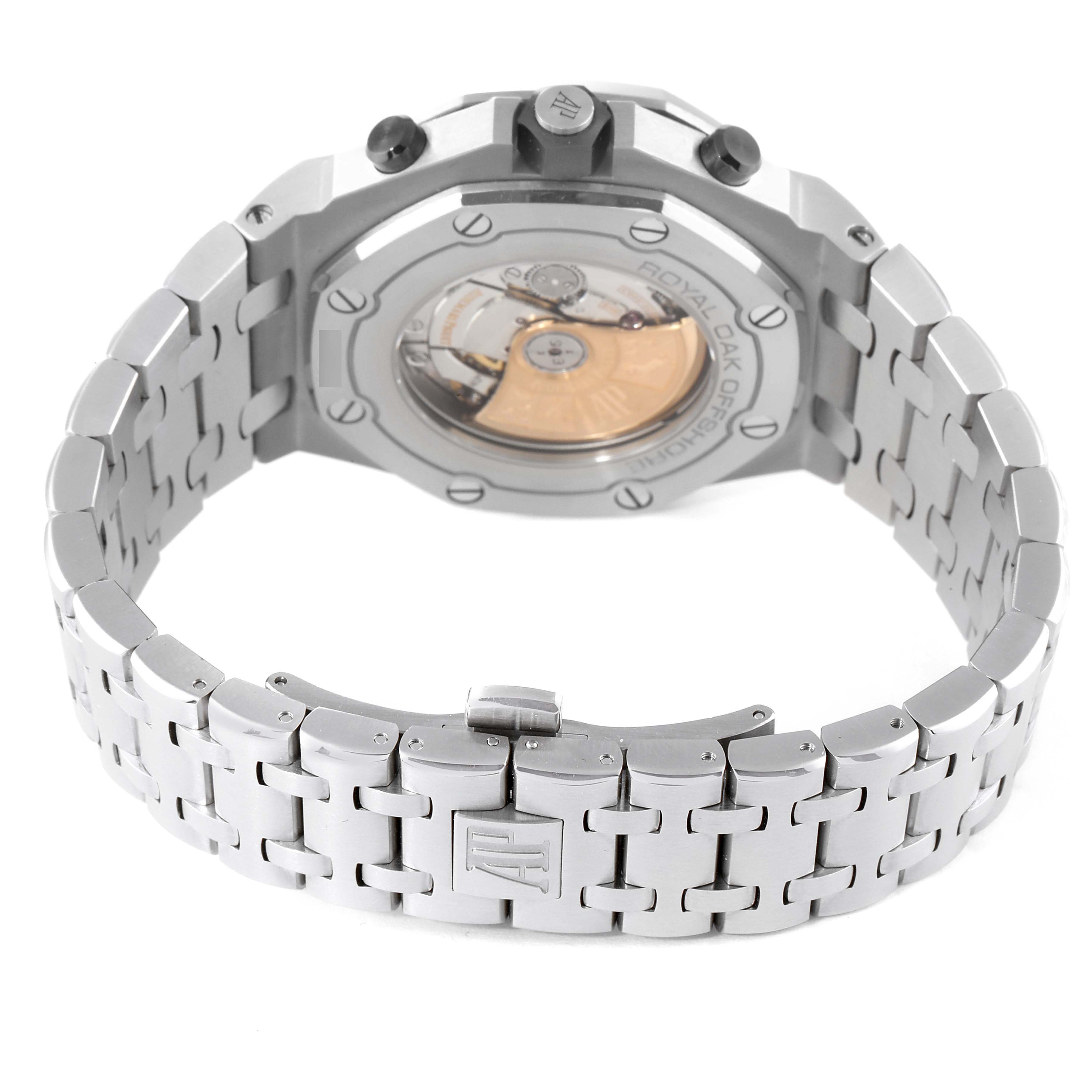 This image shows the back view of a Royal Oak Offshore watch by Audemars Piguet, highlighting its case back and bracelet.