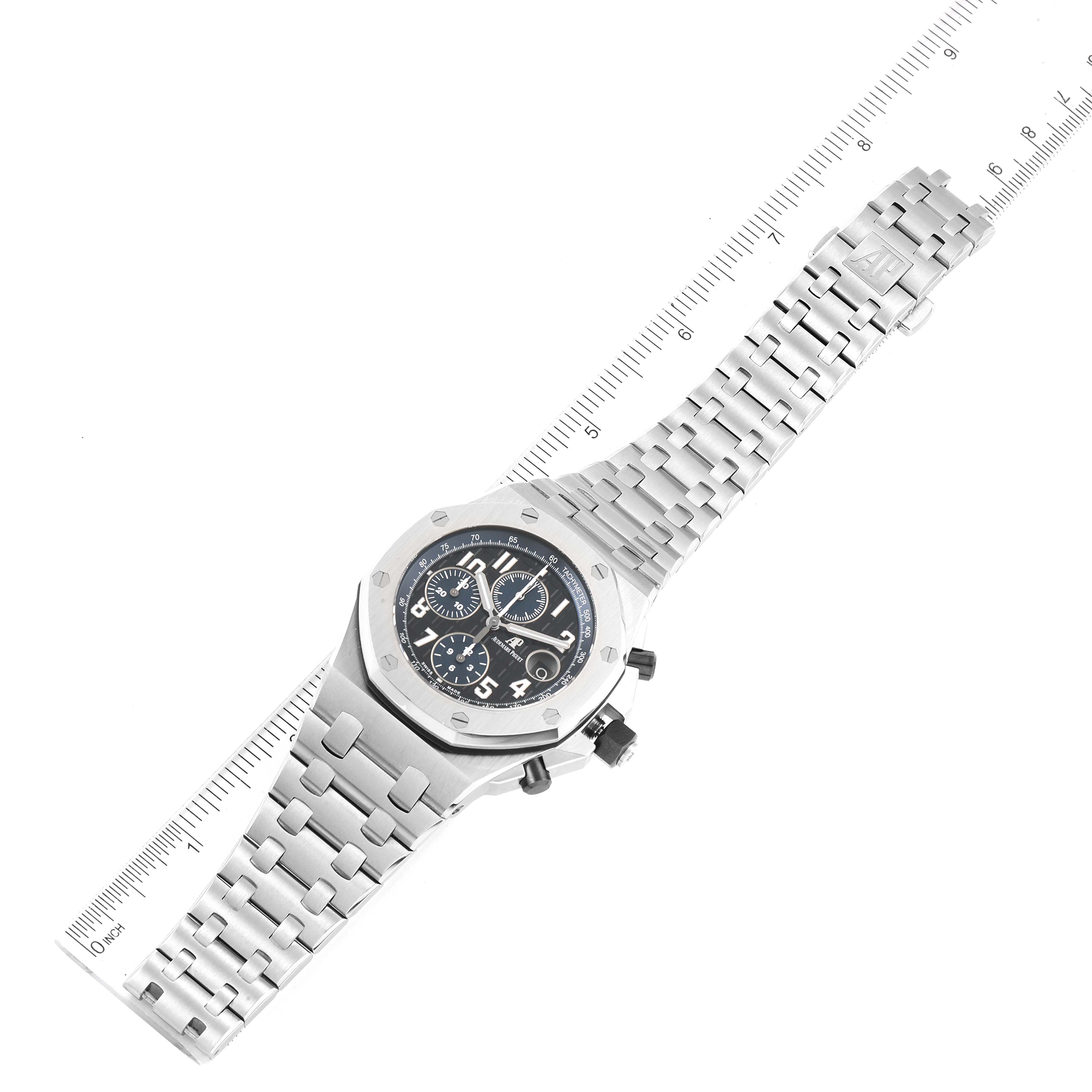 This image shows a top-down view of the Audemars Piguet Royal Oak Offshore 26470ST.OO.A028CR.01 Men's Stainless Steel Black Dial 26470ST.OO.A028CR.01 Men's Stainless Steel Black Dial watch, displaying the dial, bezel, and bracelet.