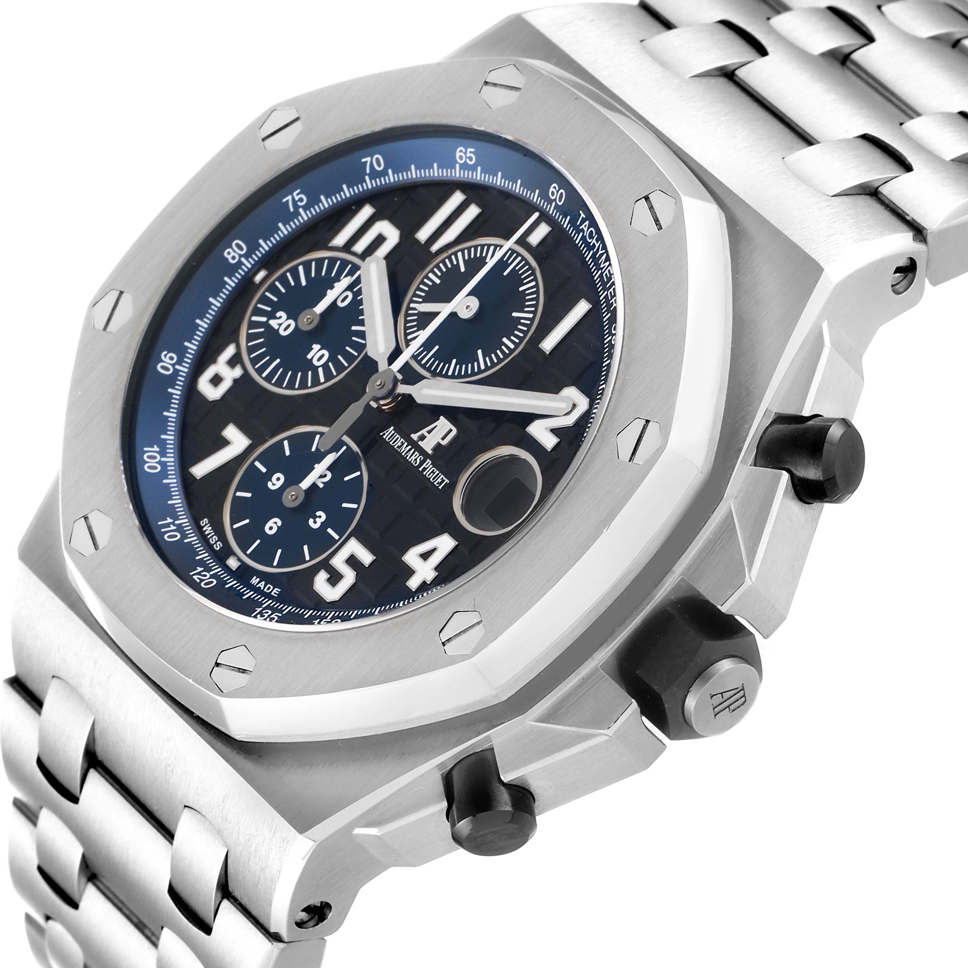 The image shows a close-up angle of the Audemars Piguet Royal Oak Offshore 26470ST.OO.A028CR.01 Men's Stainless Steel Black Dial 26470ST.OO.A028CR.01 Men's Stainless Steel Black Dial watch, highlighting its dial, bezel, and bracelet.