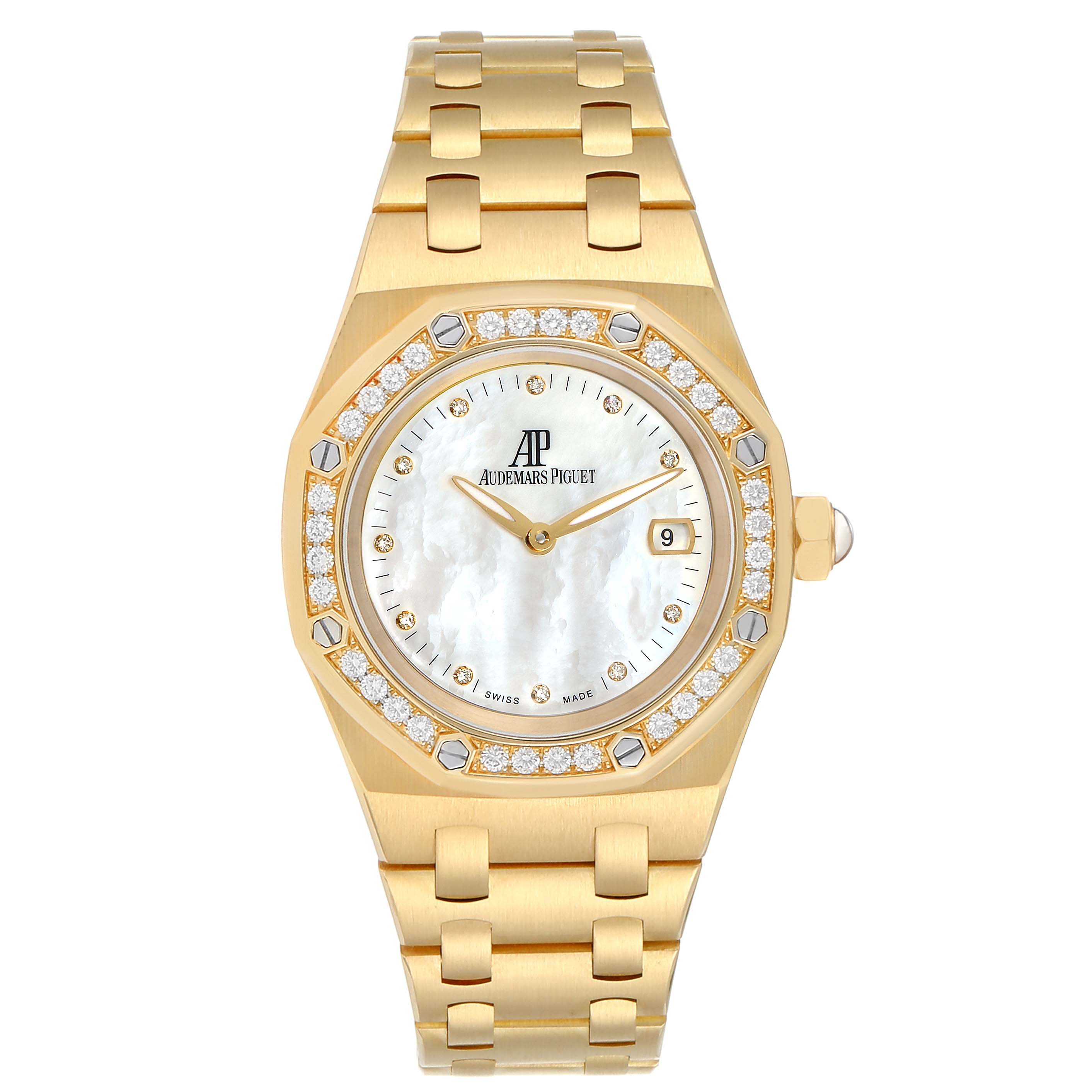 The image shows a front view of the Audemars Piguet Royal Oak 67601BA.ZZ.1210BA.02 Men's Yellow Gold Mother of Pearl Dial 67601BA.ZZ.1210BA.02 Men's Yellow Gold Mother of Pearl Dial watch, highlighting its gold bracelet, diamond bezel, and face.