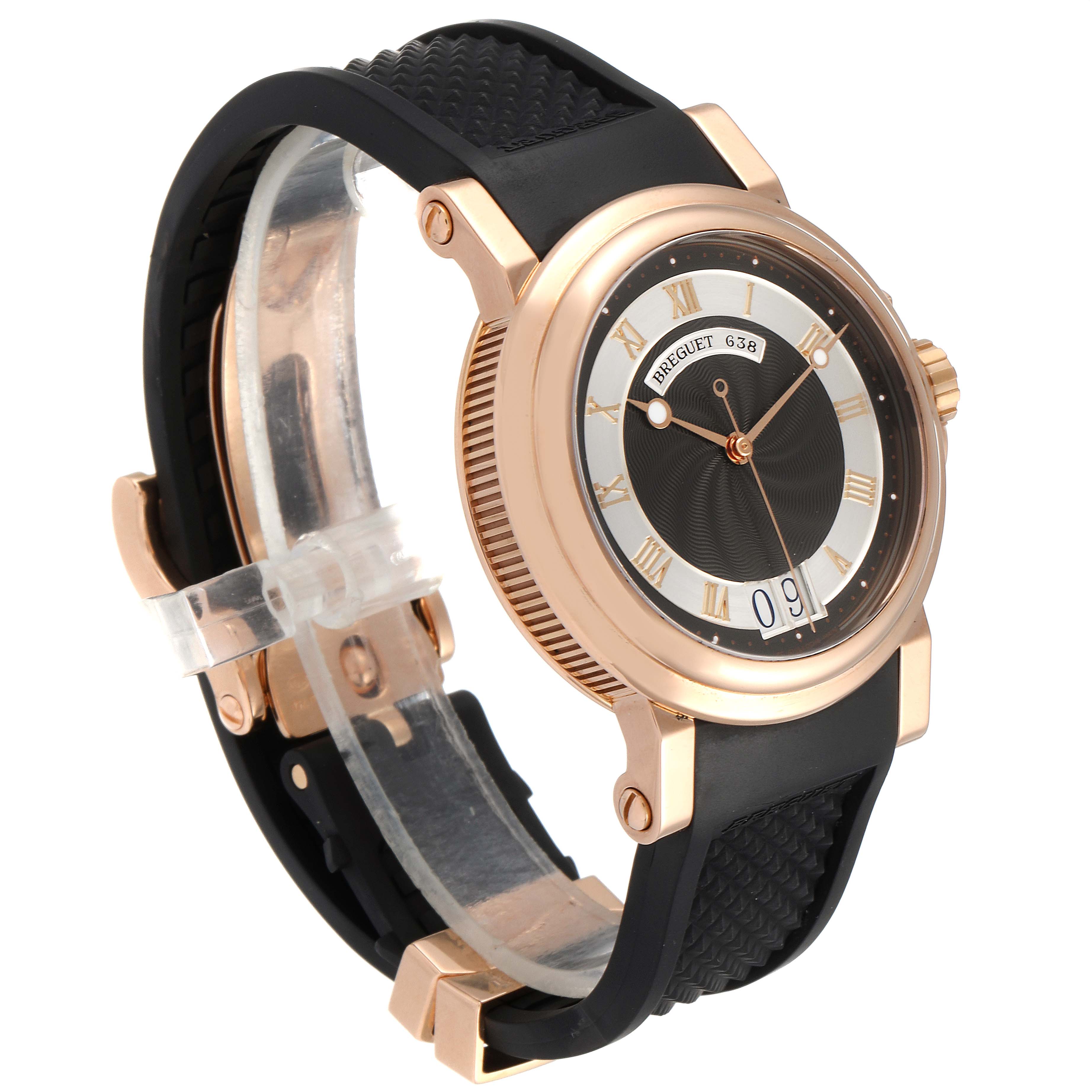 The Breguet Marine 5817BR/Z2/5V8 Men's Rose Gold Black Dial 5817BR/Z2/5V8 Men's Rose Gold Black Dial watch is shown at a three-quarter angle, displaying the dial, rubber strap, and rose gold case.