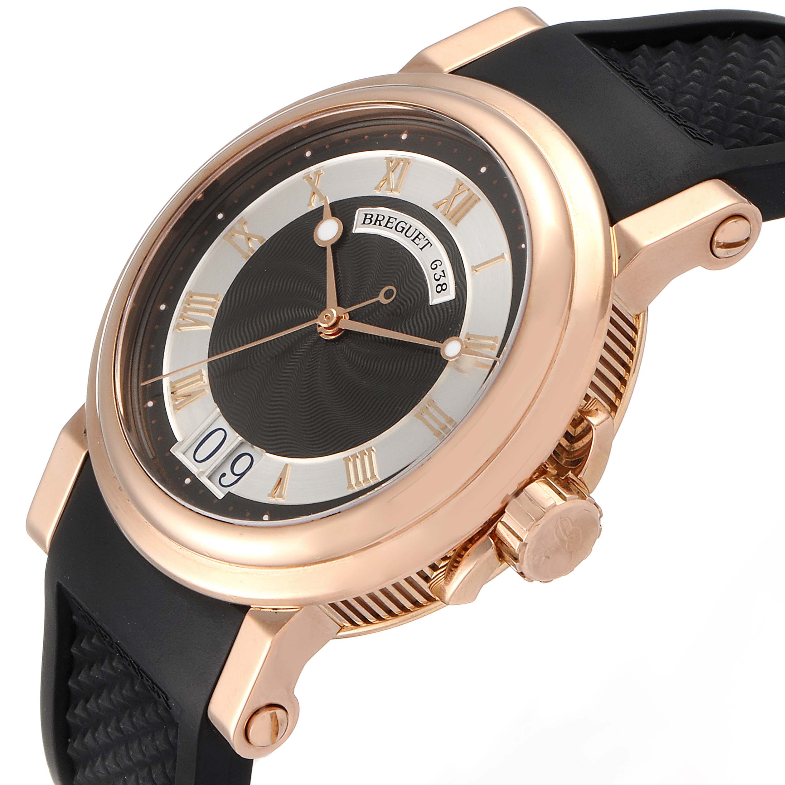 This image shows a side view of the Breguet Marine 5817BR/Z2/5V8 Men's Rose Gold Black Dial 5817BR/Z2/5V8 Men's Rose Gold Black Dial model watch, highlighting the dial, case, crown, and strap in detail.