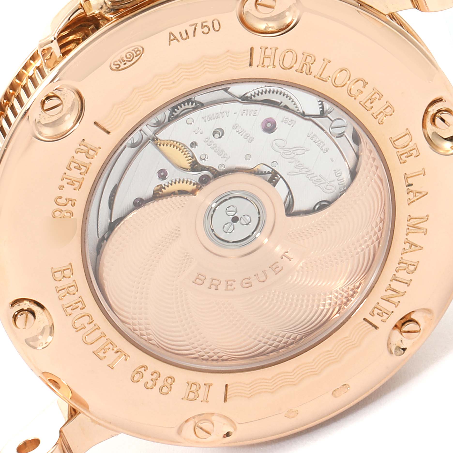 The image shows the back view of the Breguet Marine 5817BR/Z2/5V8 Men's Rose Gold Black Dial 5817BR/Z2/5V8 Men's Rose Gold Black Dial model watch, revealing its intricate mechanical movement.