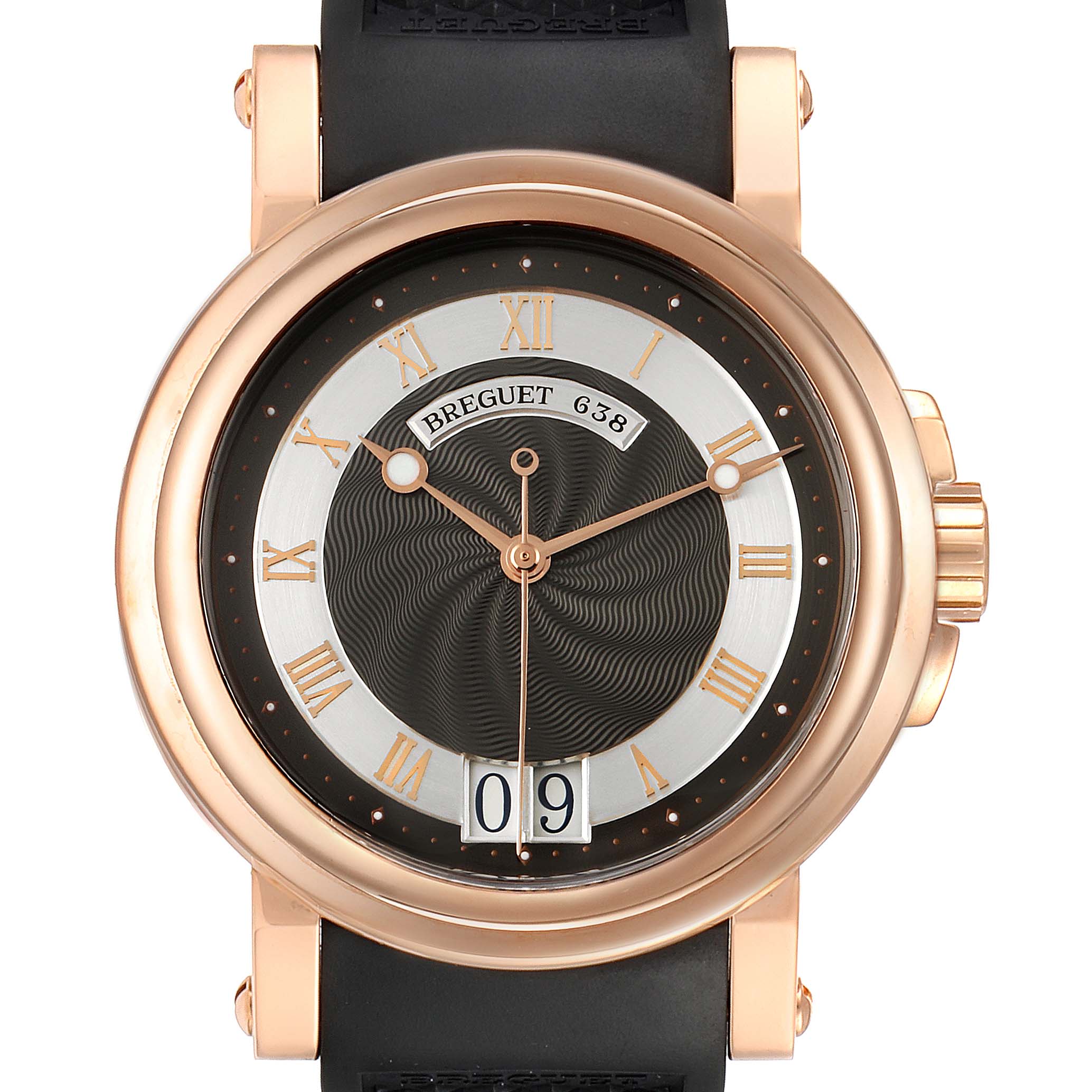 The image shows a frontal view of the Breguet Marine 5817BR/Z2/5V8 Men's Rose Gold Black Dial 5817BR/Z2/5V8 Men's Rose Gold Black Dial model watch, featuring its face, bezel, and strap.
