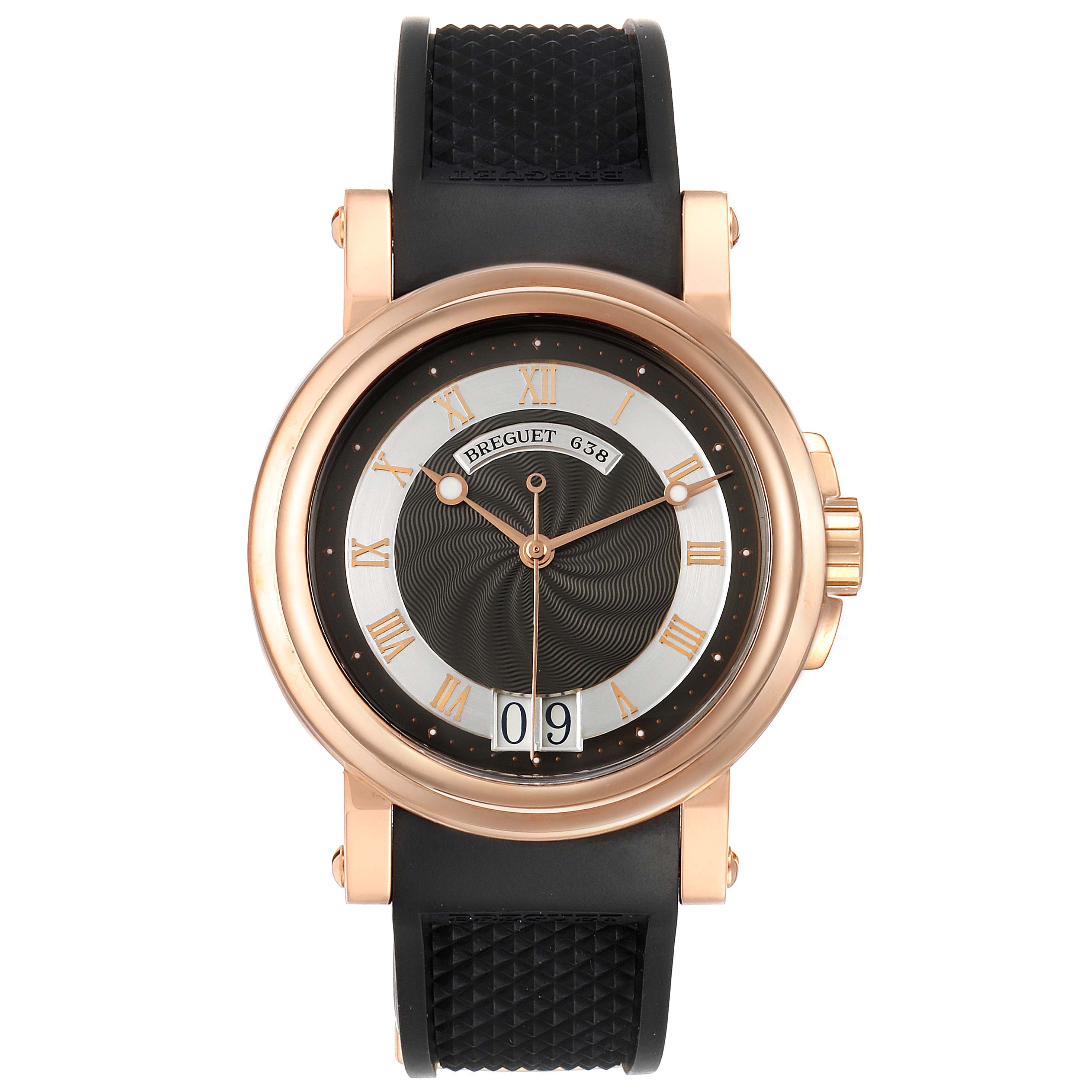 The image shows a front view of the Breguet Marine 5817BR/Z2/5V8 Men's Rose Gold Black Dial 5817BR/Z2/5V8 Men's Rose Gold Black Dial watch with a gold case and black strap.