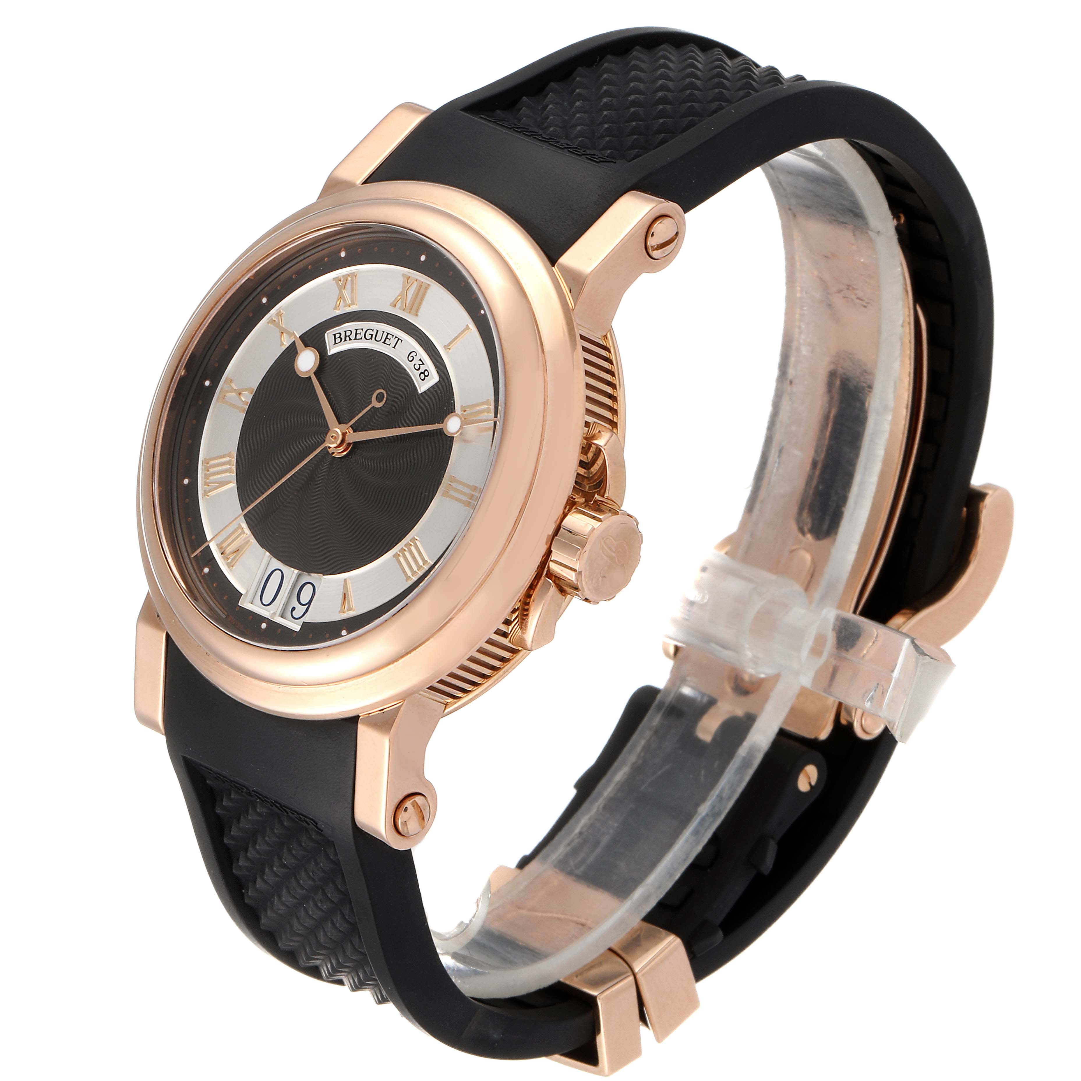 The Breguet Marine 5817BR/Z2/5V8 Men's Rose Gold Black Dial 5817BR/Z2/5V8 Men's Rose Gold Black Dial model watch is shown at a three-quarter angle, highlighting its gold case, black dial, and black strap.