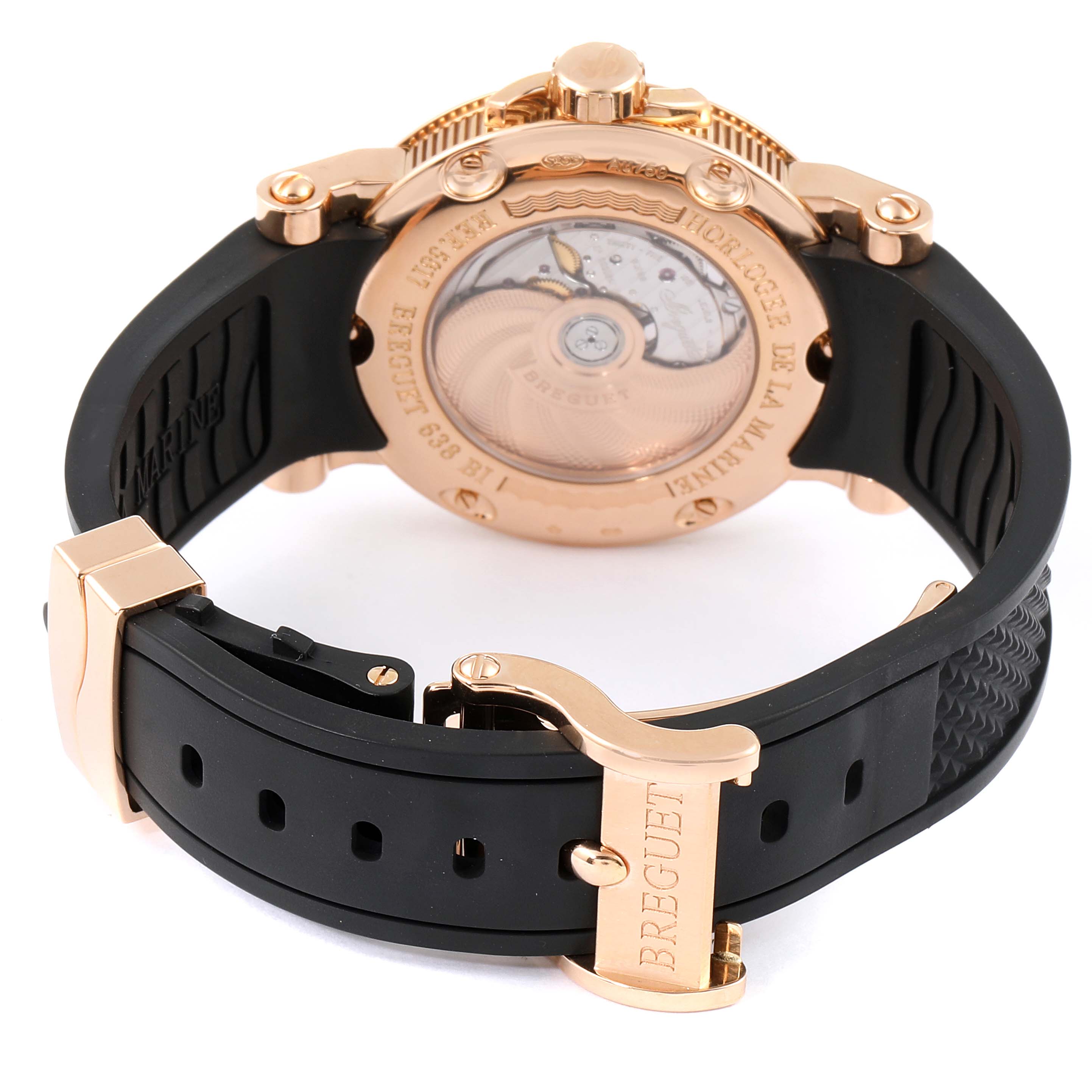 The image shows the back and side of a Breguet Marine 5817BR/Z2/5V8 Men's Rose Gold Black Dial 5817BR/Z2/5V8 Men's Rose Gold Black Dial watch, highlighting the movement and black rubber strap with buckle.