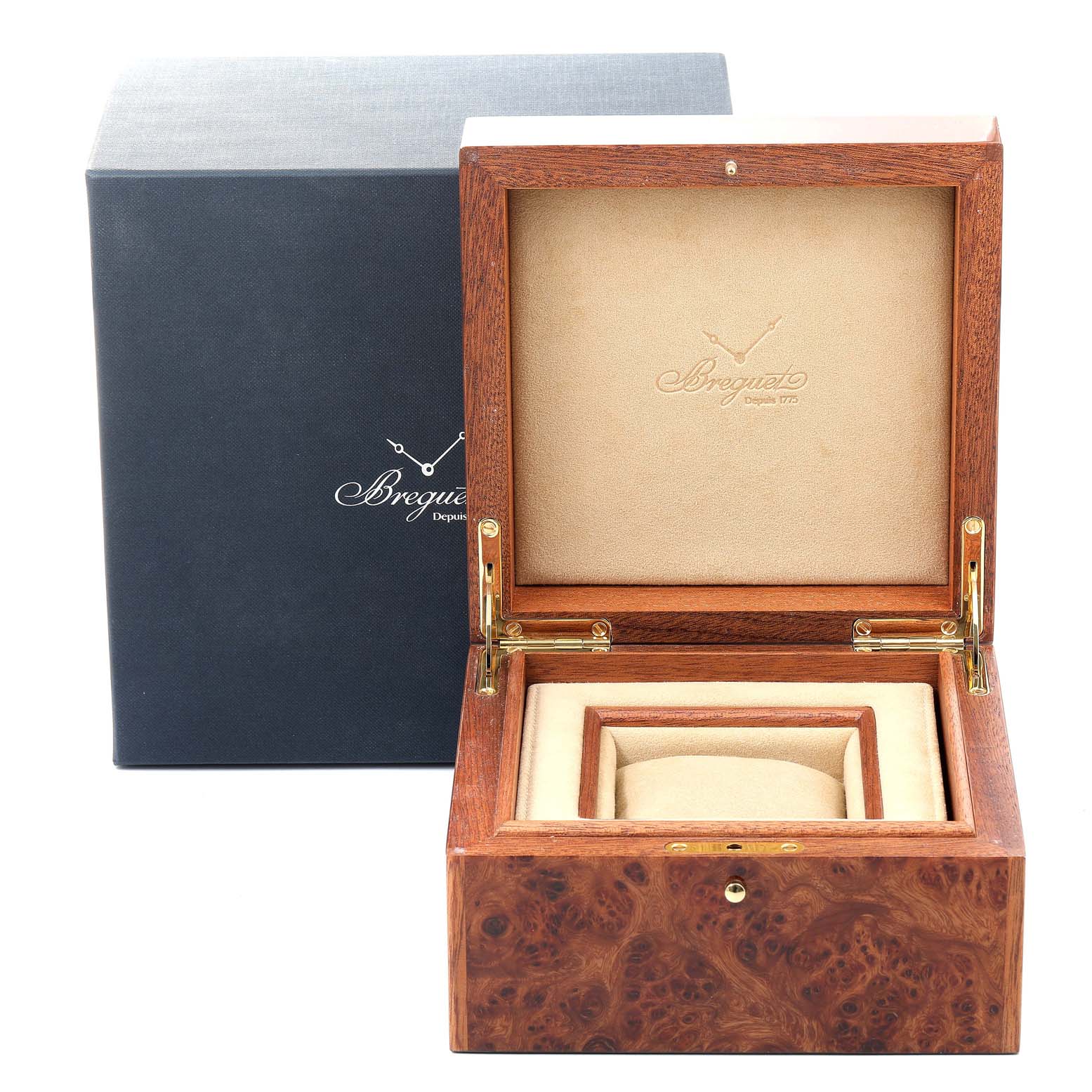 This image shows the luxurious wooden box and outer packaging for the Breguet Marine 5817BR/Z2/5V8 Men's Rose Gold Black Dial 5817BR/Z2/5V8 Men's Rose Gold Black Dial model watch.