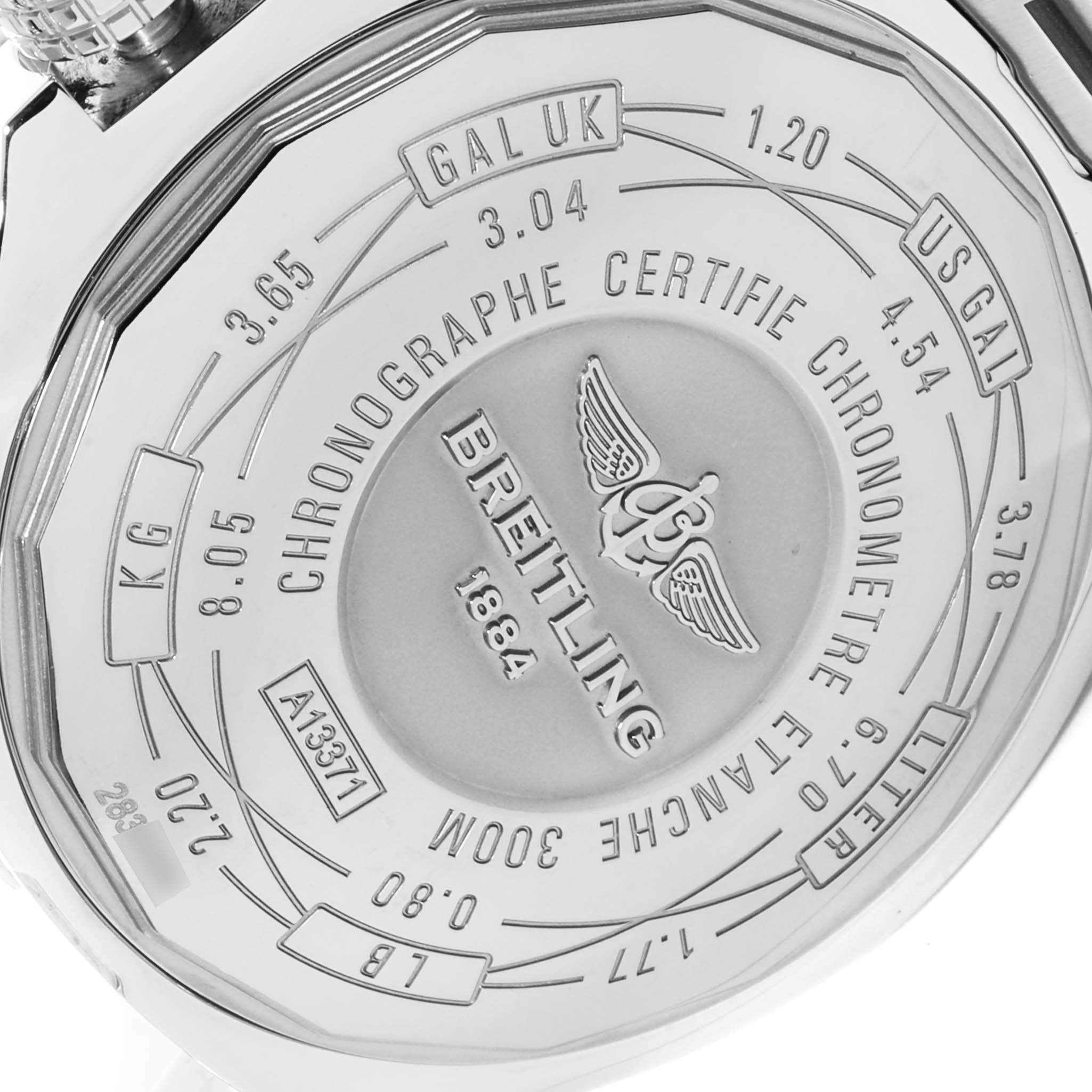 The image shows the back case of a Breitling Avenger A13371 Men
s Stainless Steel Blue Dial A13371 Men
s Stainless Steel Blue Dial watch, displaying model details and specifications.