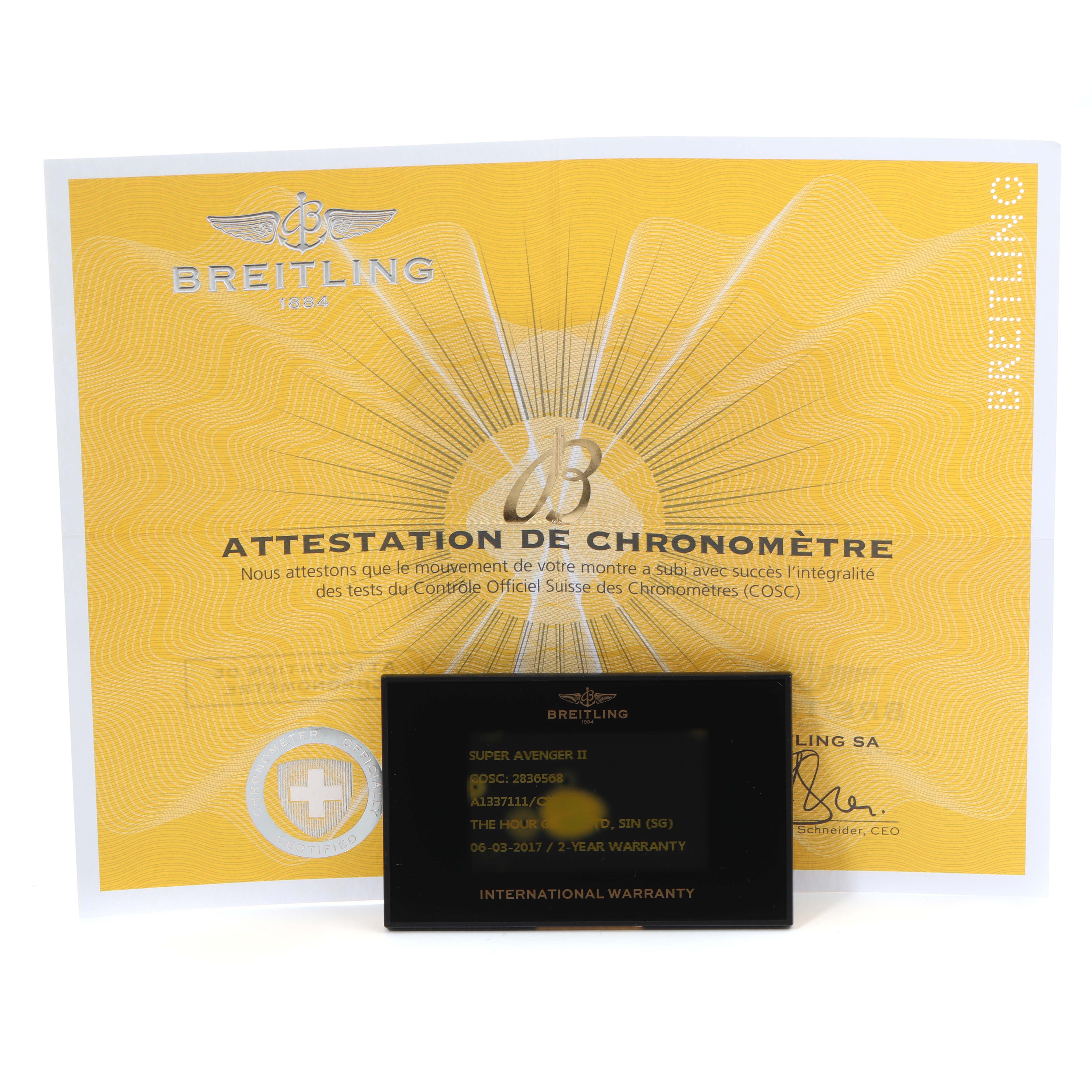 This image shows the Breitling Super Avenger II
s chronometer certificate and international warranty card.