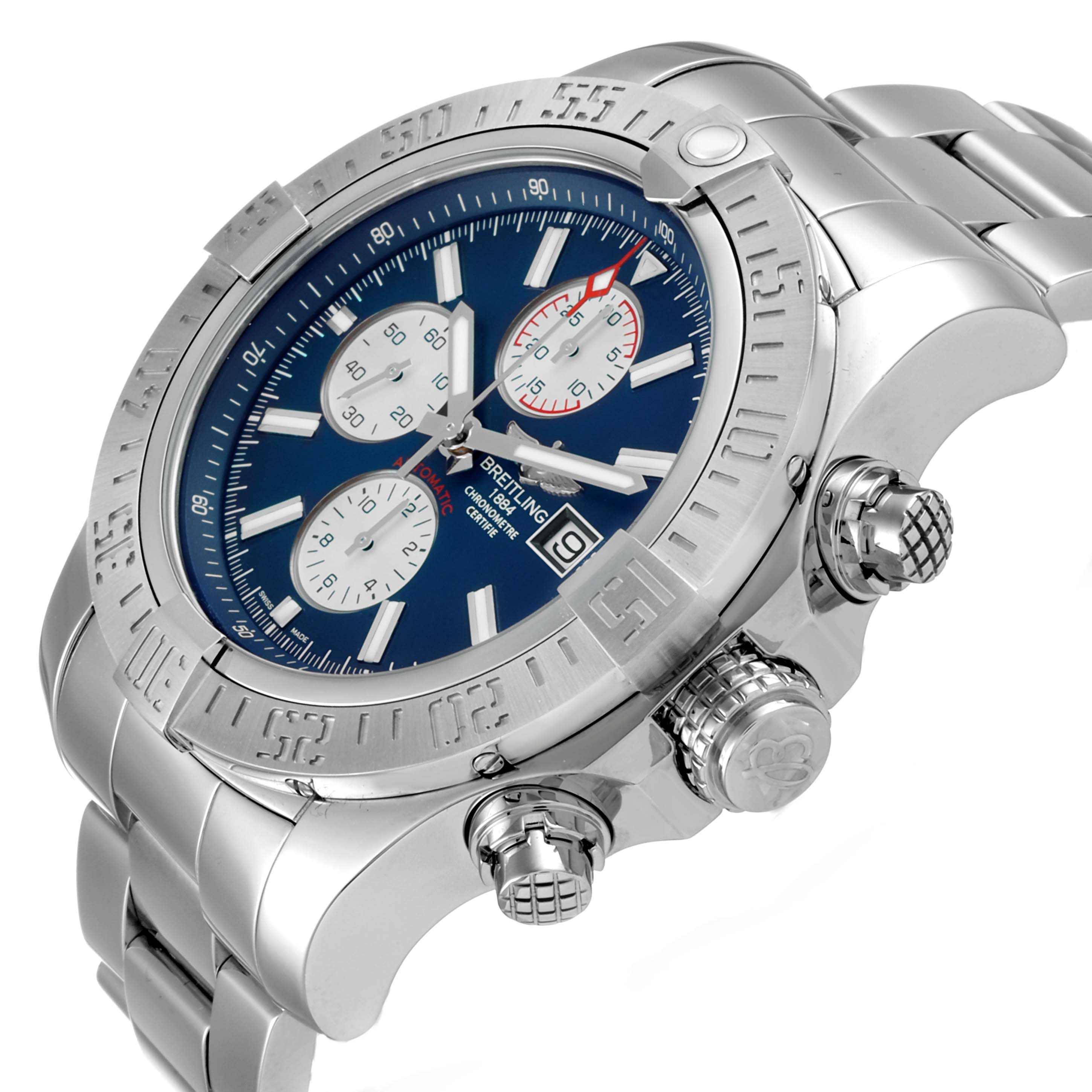 The Breitling Avenger A13371 Men
s Stainless Steel Blue Dial A13371 Men
s Stainless Steel Blue Dial watch is shown at a tilted angle, displaying the bezel, crown, pushers, and part of the steel bracelet.