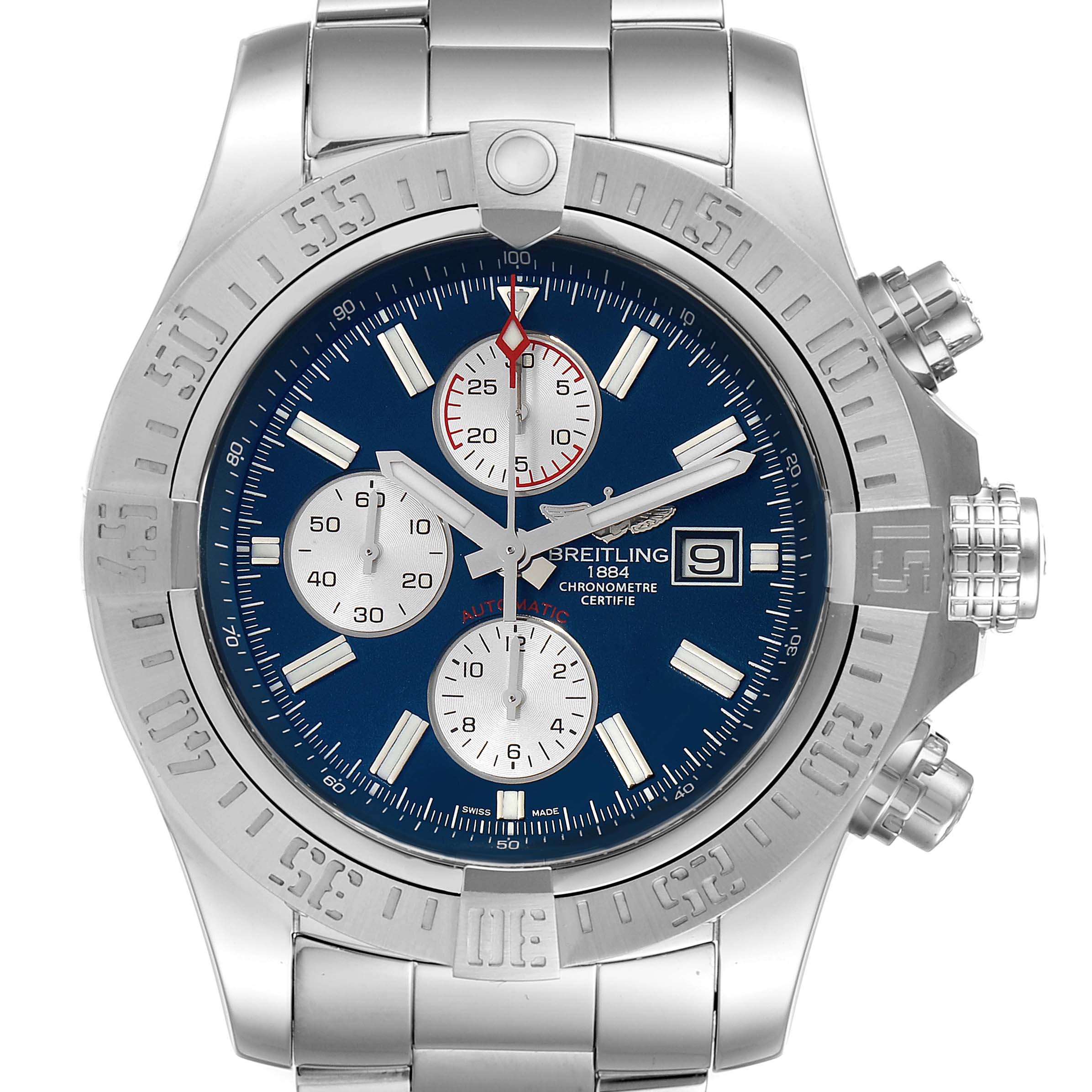 The image shows a front view of a Breitling Avenger A13371 Men
s Stainless Steel Blue Dial A13371 Men
s Stainless Steel Blue Dial watch, highlighting its bezel, dial, sub-dials, and bracelet.