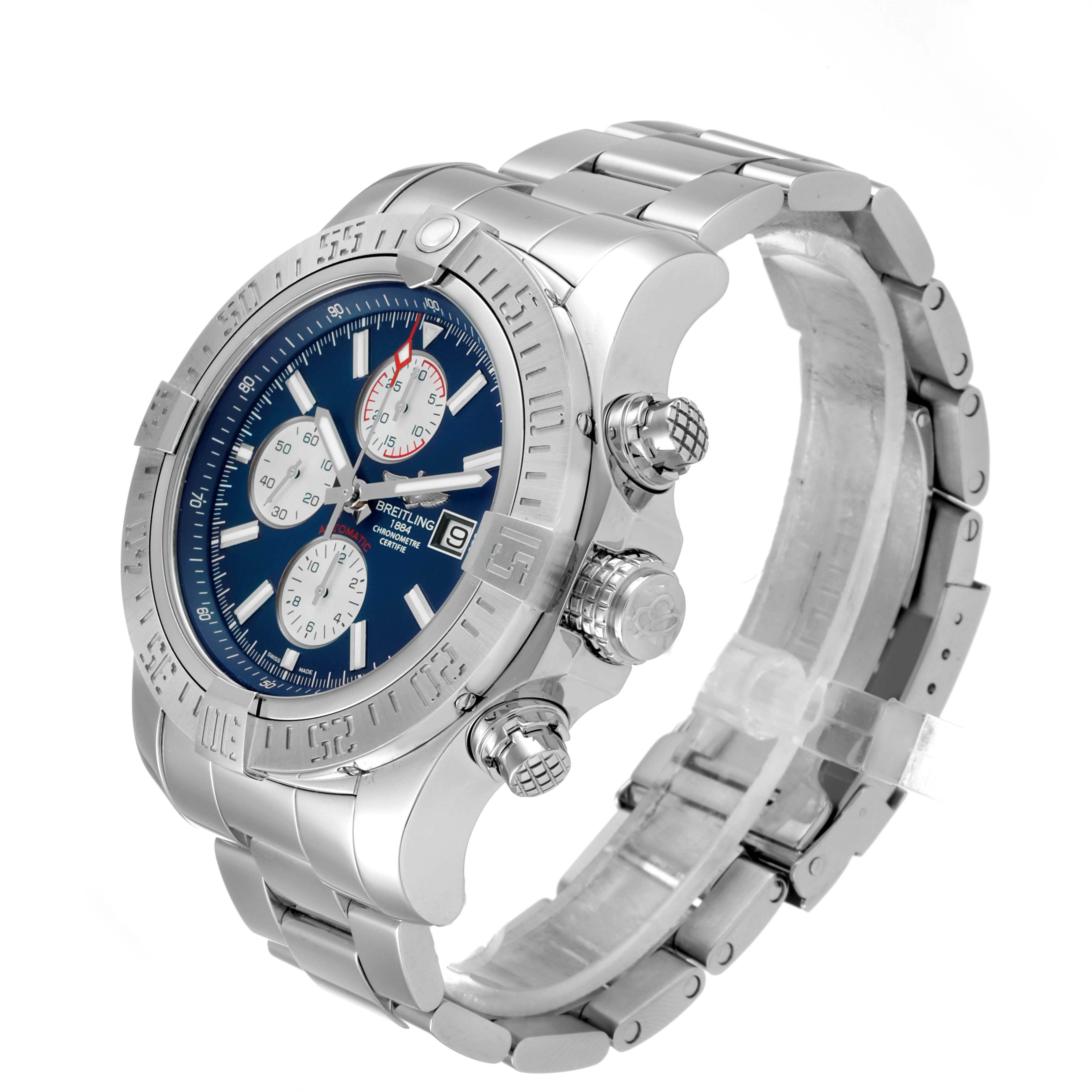 The Breitling Avenger A13371 Men
s Stainless Steel Blue Dial A13371 Men
s Stainless Steel Blue Dial watch is shown at a three-quarters angle, displaying the dial, bezel, and bracelet.