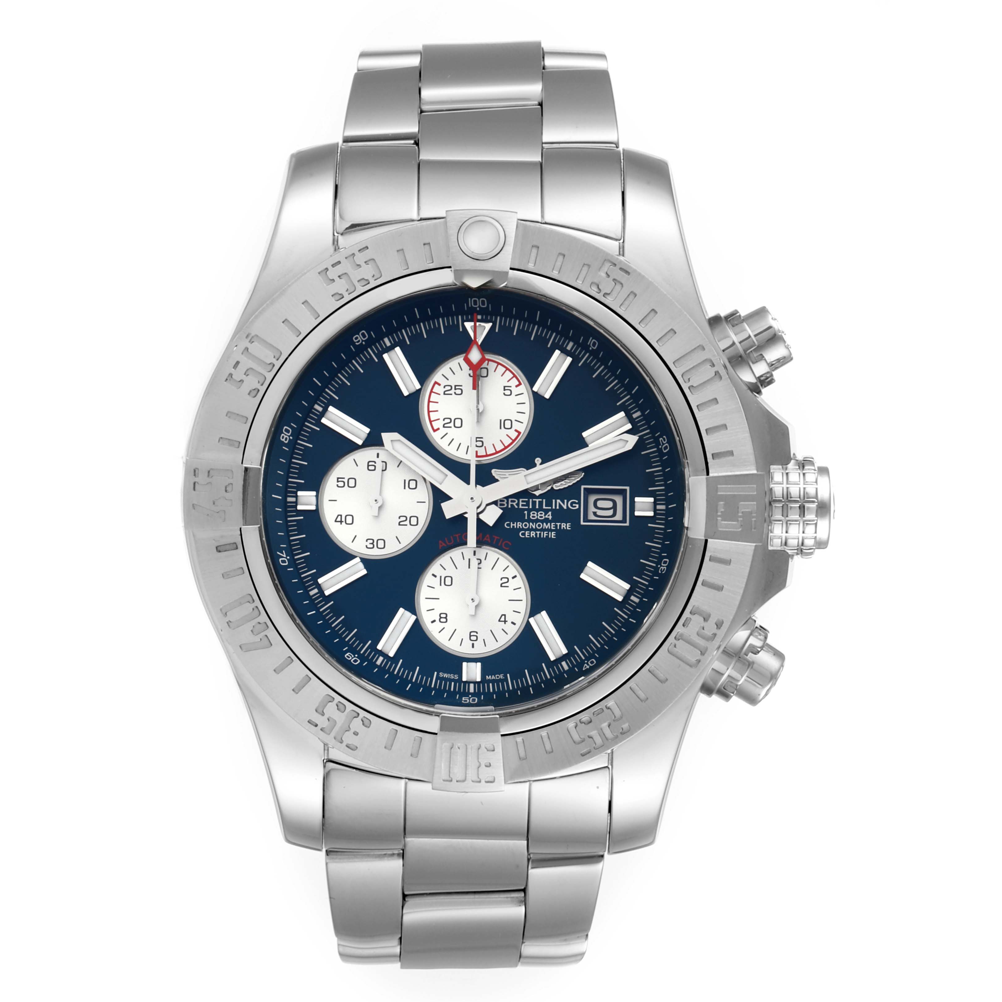 The image shows a front view of the Breitling Avenger A13371 Men
s Stainless Steel Blue Dial A13371 Men
s Stainless Steel Blue Dial watch, highlighting its blue dial, chronograph subdials, and stainless steel bracelet.