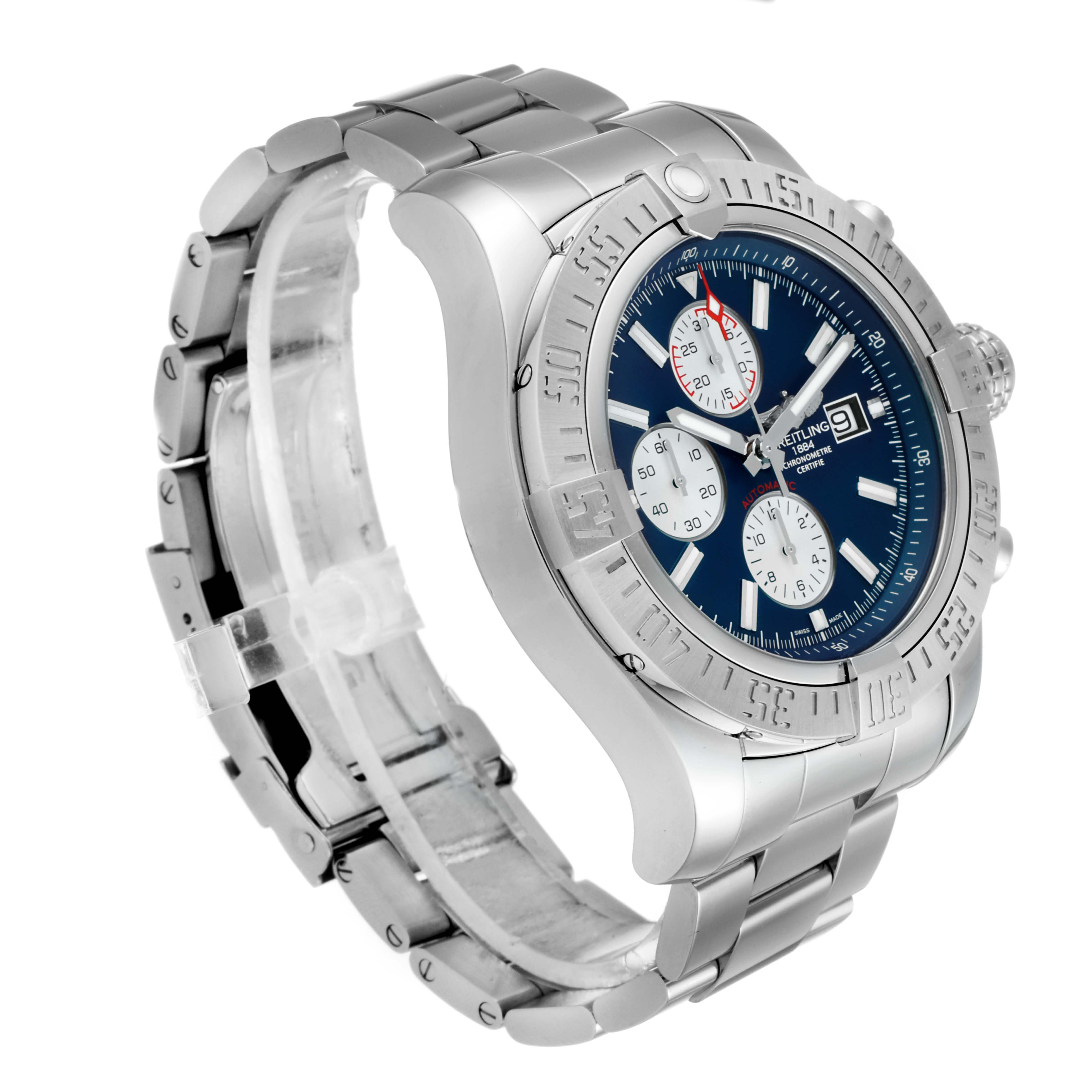 The image shows a Breitling Avenger A13371 Men
s Stainless Steel Blue Dial A13371 Men
s Stainless Steel Blue Dial watch angled from the front-left, highlighting its dial, bezel, crown, and metal bracelet.