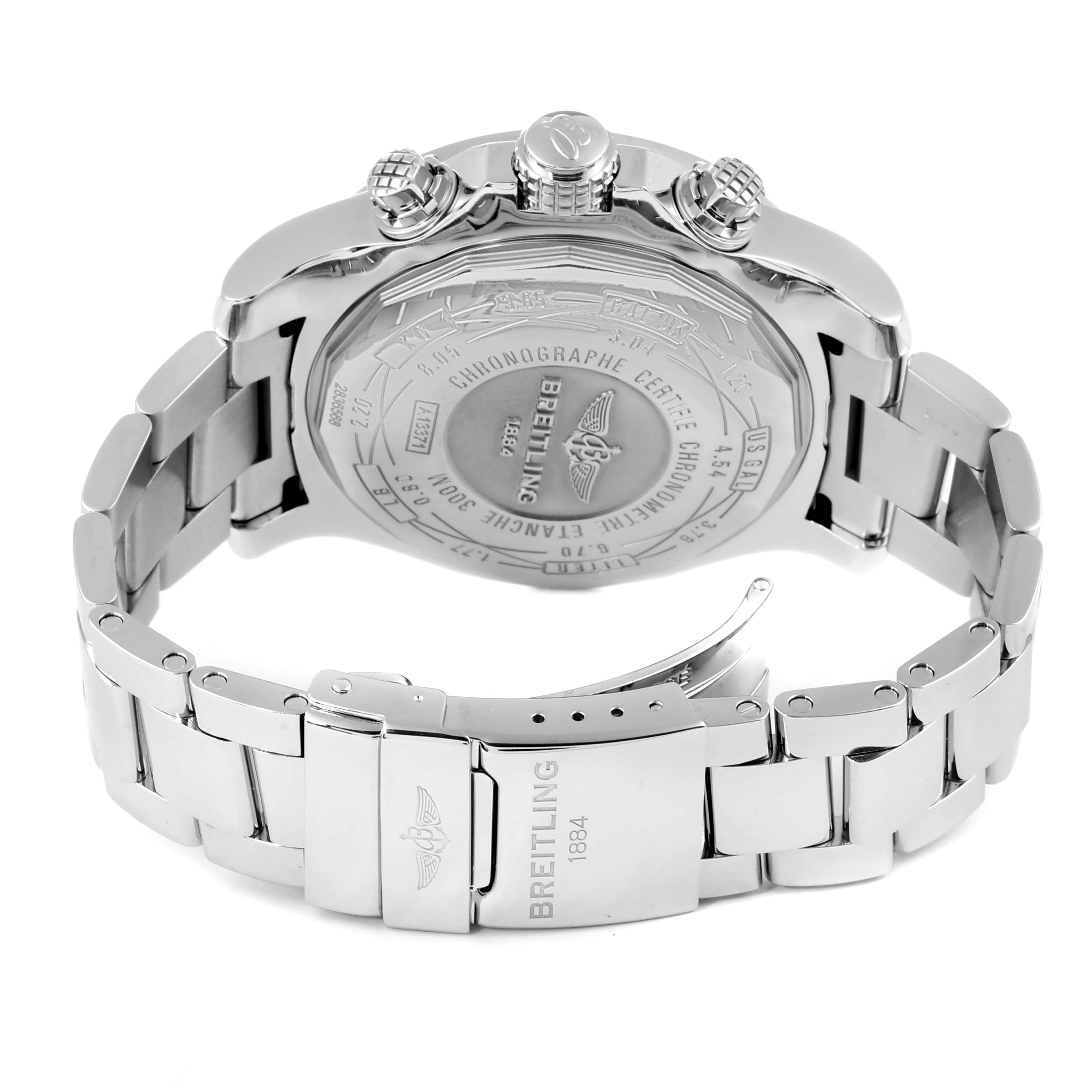 This image shows the back view of a Breitling Avenger A13371 Men
s Stainless Steel Blue Dial A13371 Men
s Stainless Steel Blue Dial watch, featuring its case back, chronograph pushers, and bracelet with clasp.