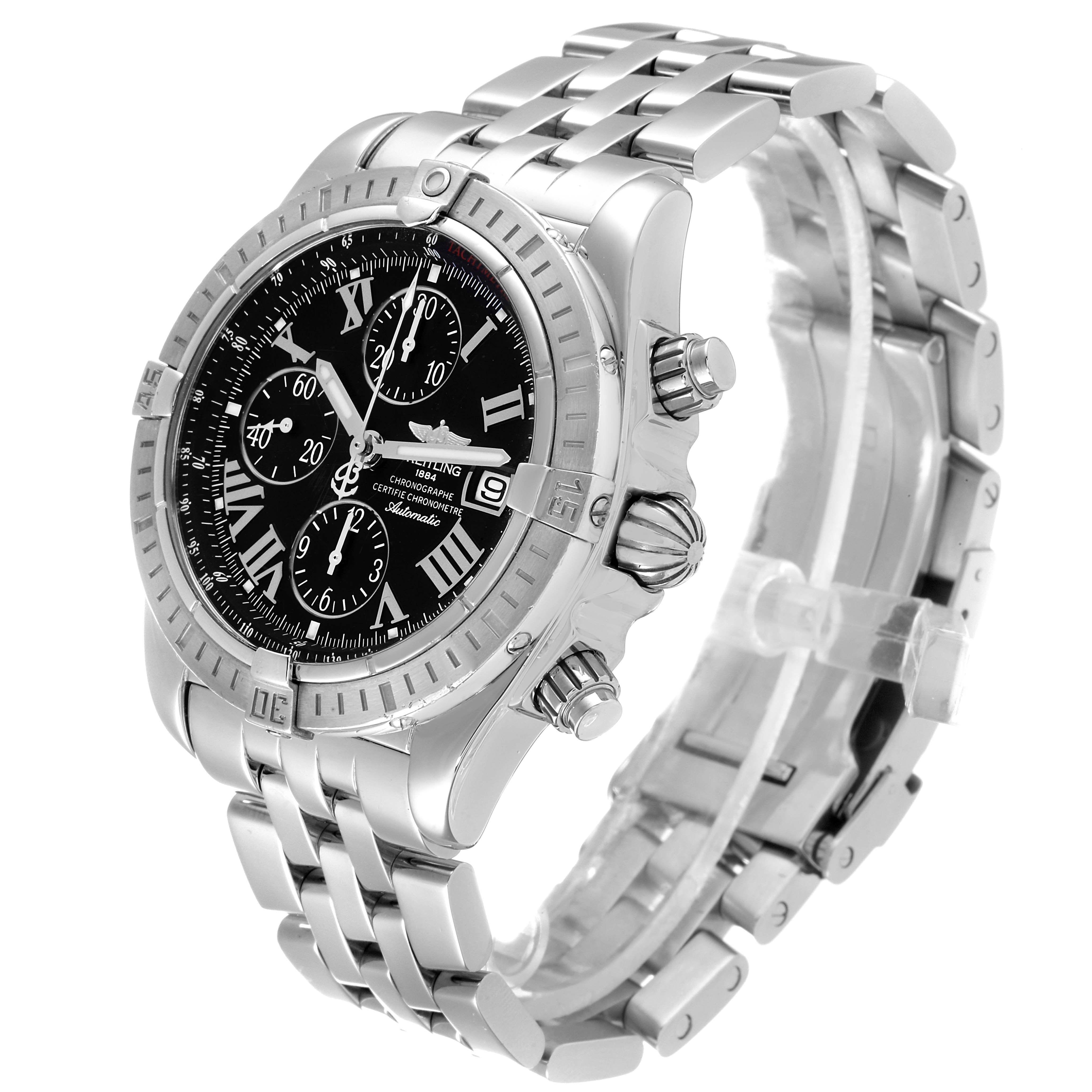 The image shows a Breitling Chronomat A13356 Men
s Stainless Steel Black Dial A13356 Men
s Stainless Steel Black Dial watch at a three-quarter angle showcasing the bezel, face, crown, and bracelet.