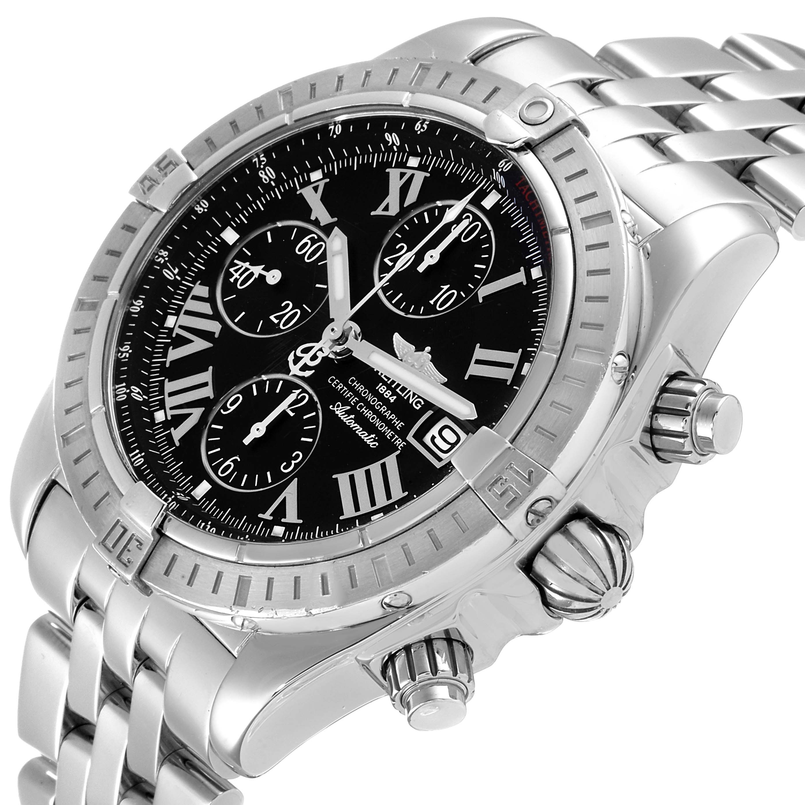 This image shows a Breitling Chronomat A13356 Men
s Stainless Steel Black Dial A13356 Men
s Stainless Steel Black Dial watch at an angle highlighting the bezel, crown, pushers, and part of the bracelet.
