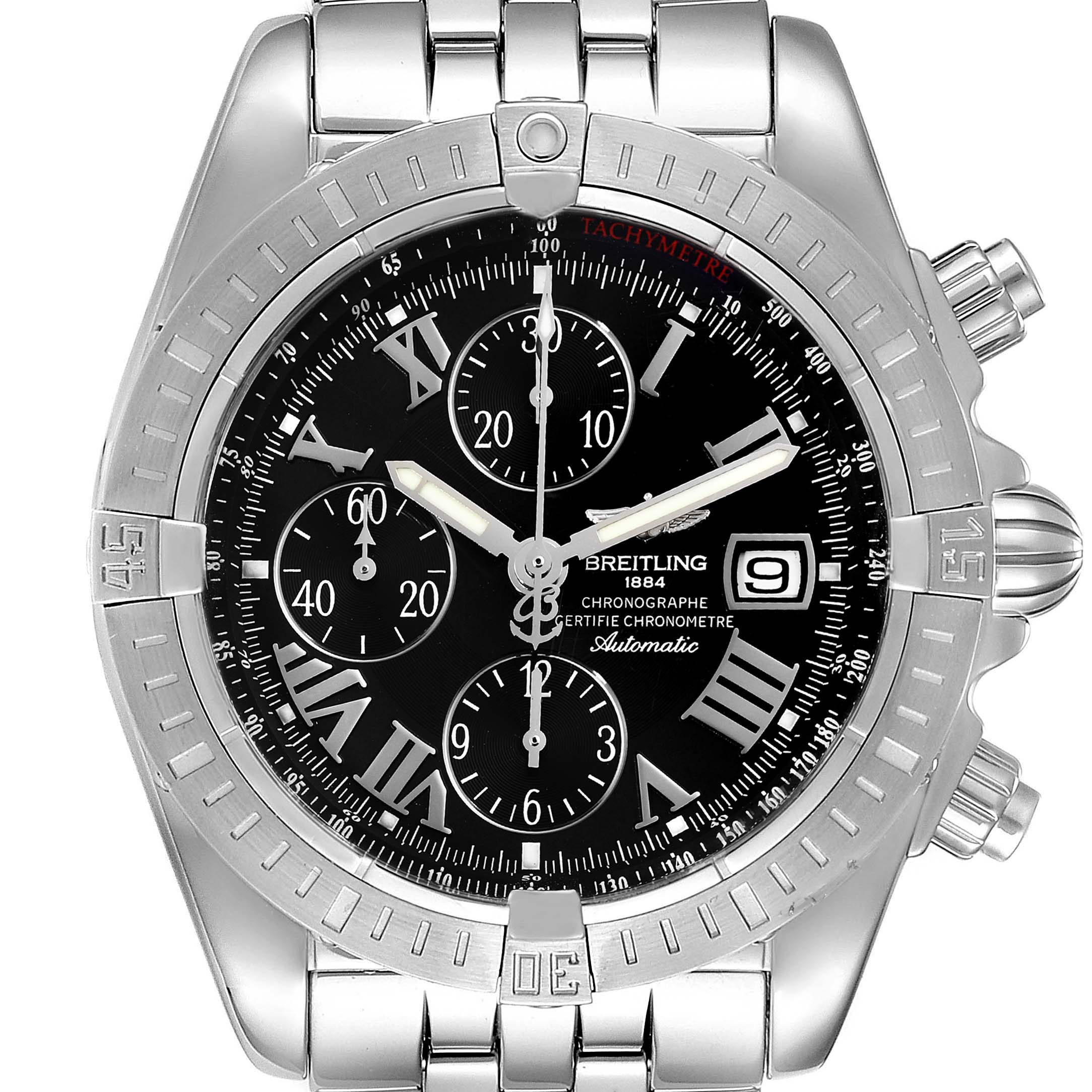 The image shows a frontal view of the Breitling Chronomat A13356 Men
s Stainless Steel Black Dial A13356 Men
s Stainless Steel Black Dial watch, clearly displaying its black dial, chronograph sub-dials, and stainless steel case and bracelet.