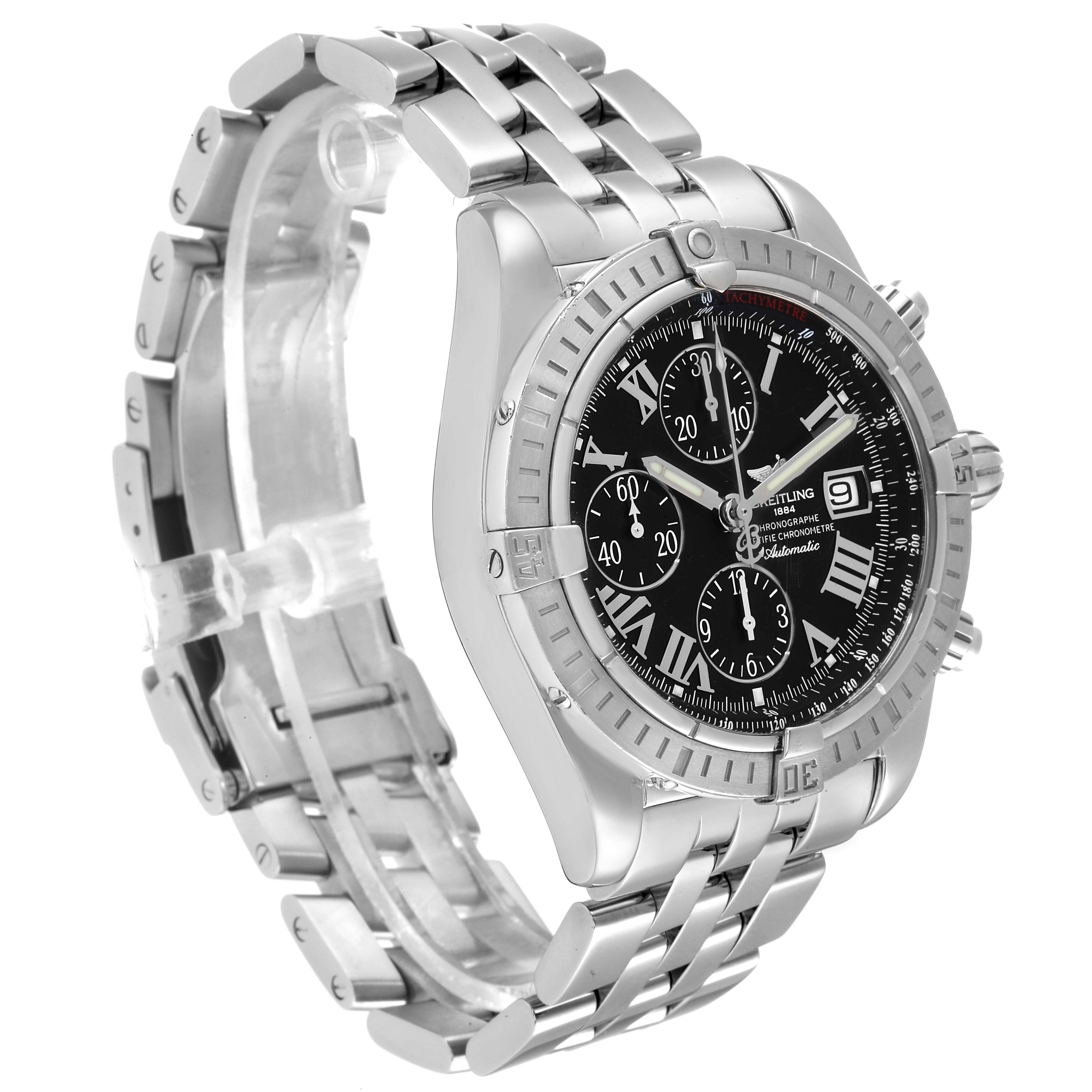 The image shows a side angle of a Breitling Chronomat A13356 Men
s Stainless Steel Black Dial A13356 Men
s Stainless Steel Black Dial watch, displaying its stainless steel casing and bracelet, black dial, and chronograph sub-dials.