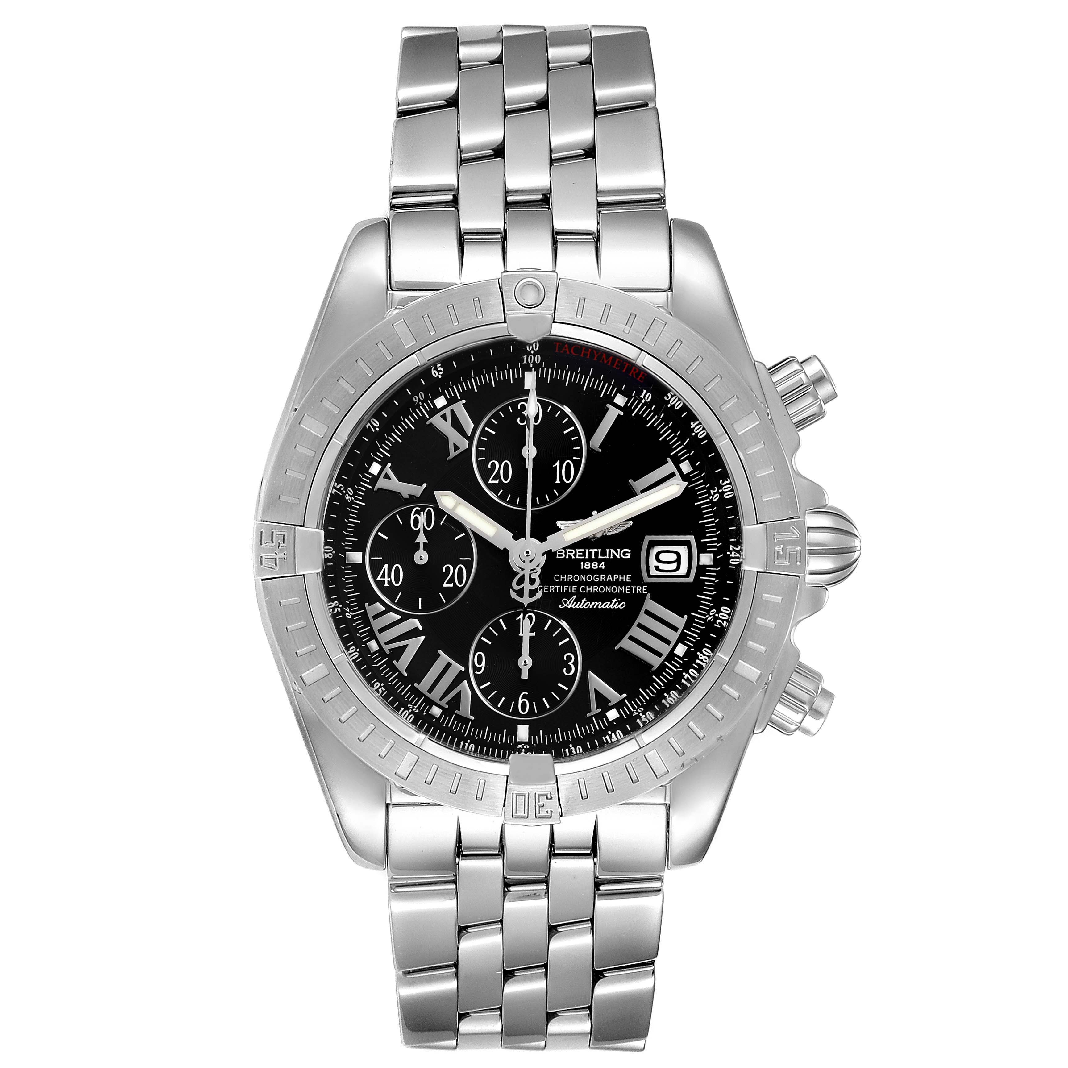 The image shows a front view of a Breitling Chronomat A13356 Men
s Stainless Steel Black Dial A13356 Men
s Stainless Steel Black Dial watch, highlighting the dial, bezel, and metal bracelet.
