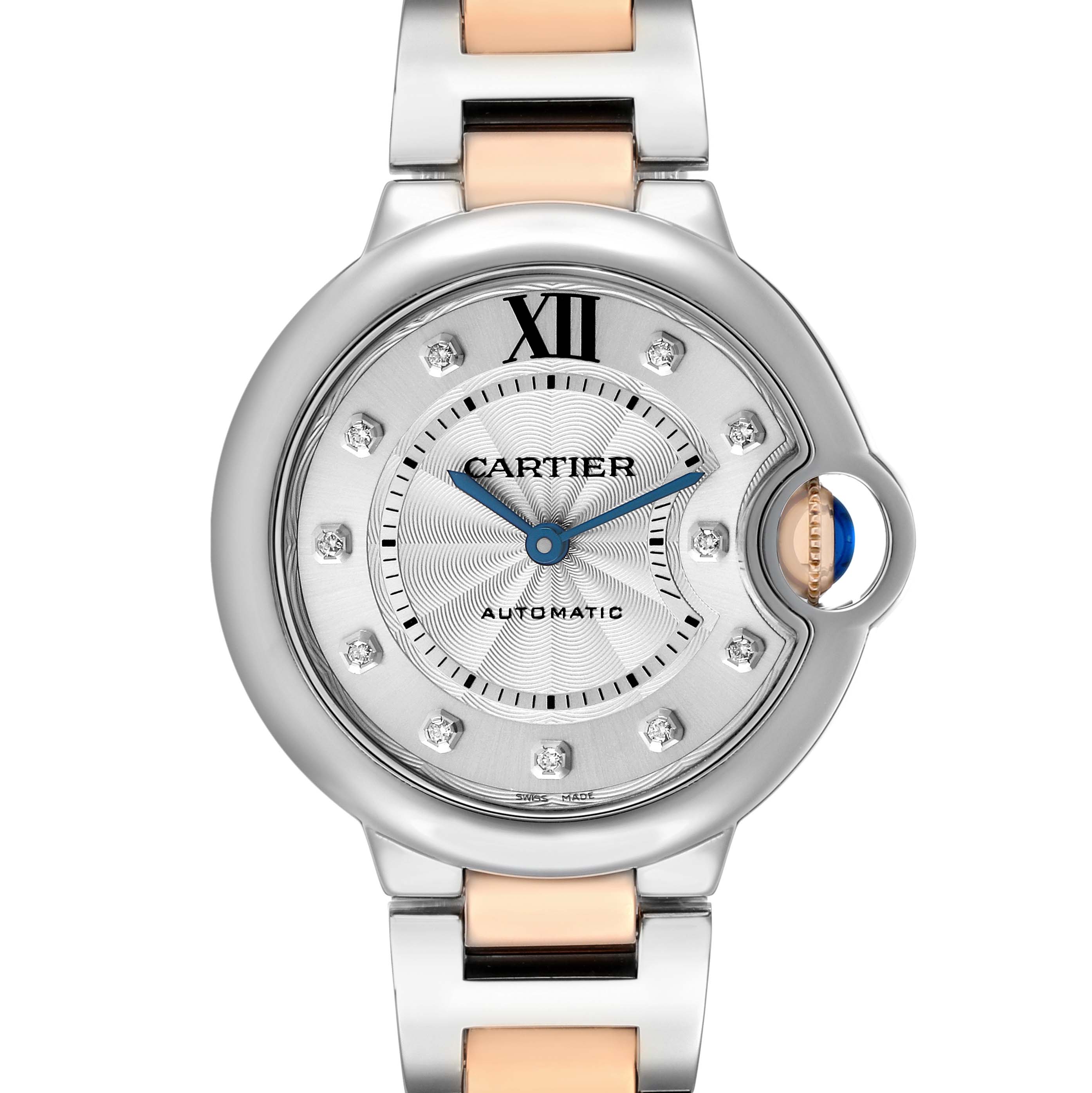 The Cartier Ballon Bleu WE902044 Women's Steel and Gold (two tone) Silver Dial watch is shown from a top view, highlighting its face, Roman numeral XII, diamond markers, and metal bracelet.