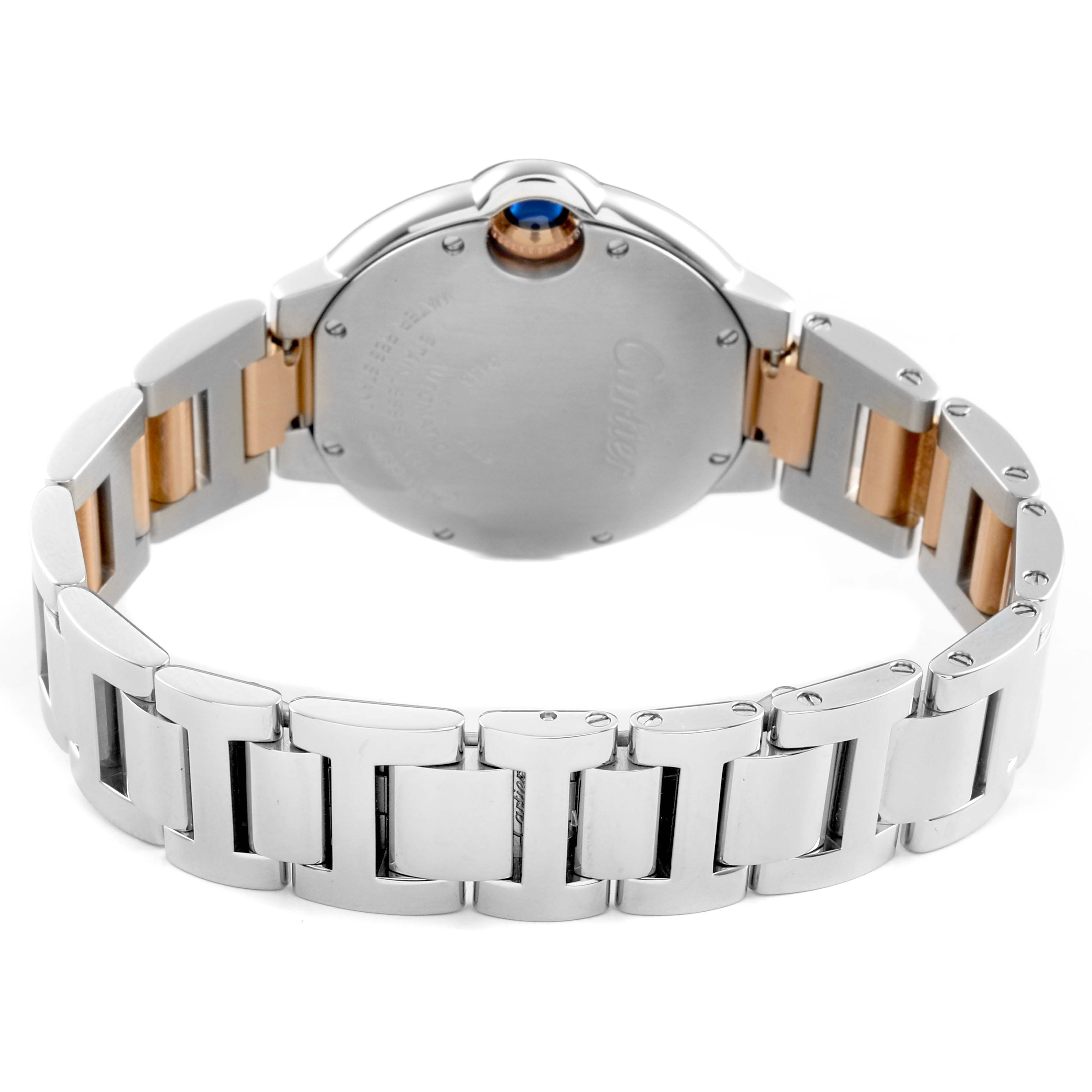The image shows the back and bracelet of a Cartier Ballon Bleu WE902044 Women's Steel and Gold (two tone) Silver Dial watch, highlighting its two-tone metal and crown.