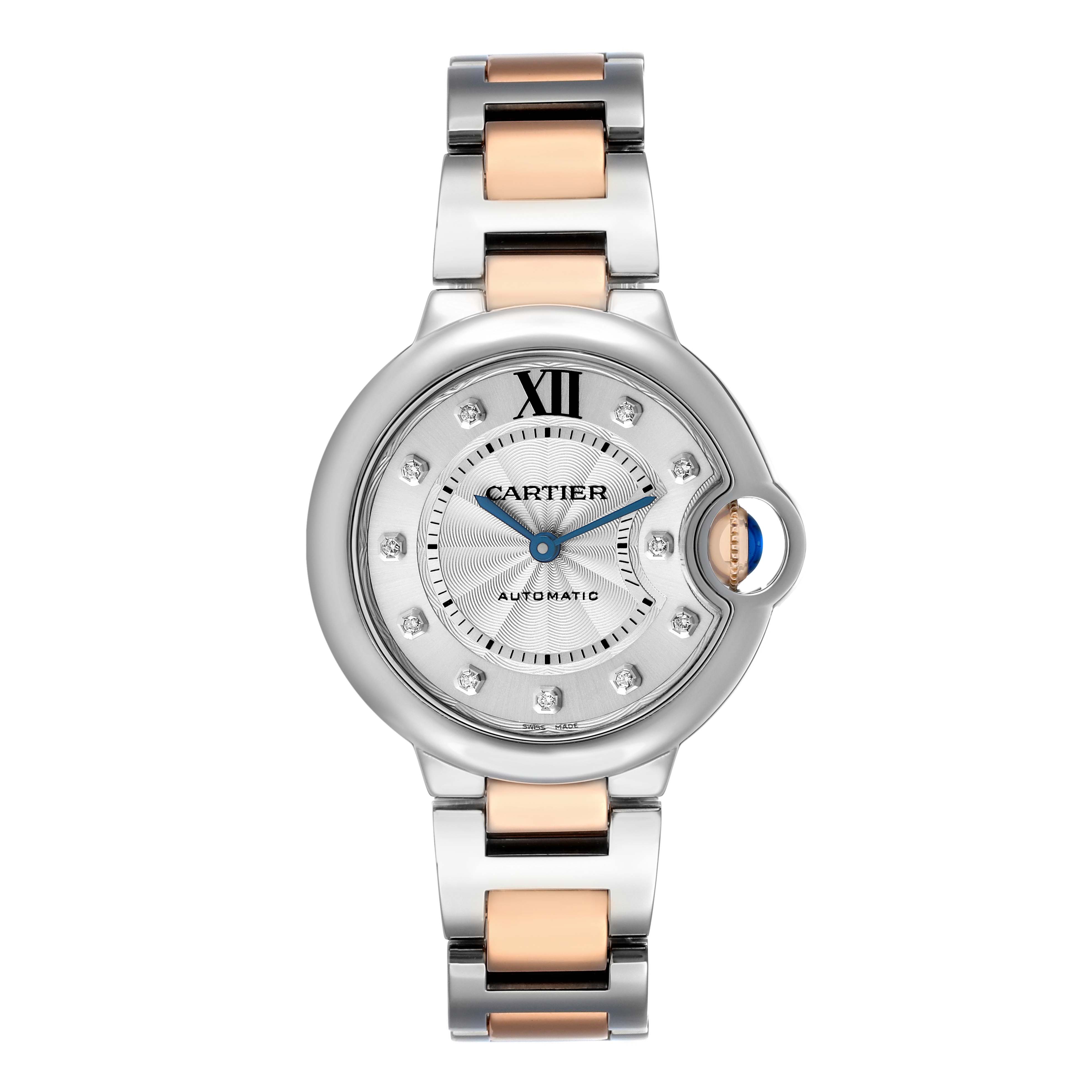 The Cartier Ballon Bleu WE902044 Women's Steel and Gold (two tone) Silver Dial watch is shown from a top-down angle, highlighting the face, bracelet, and distinctive crown.