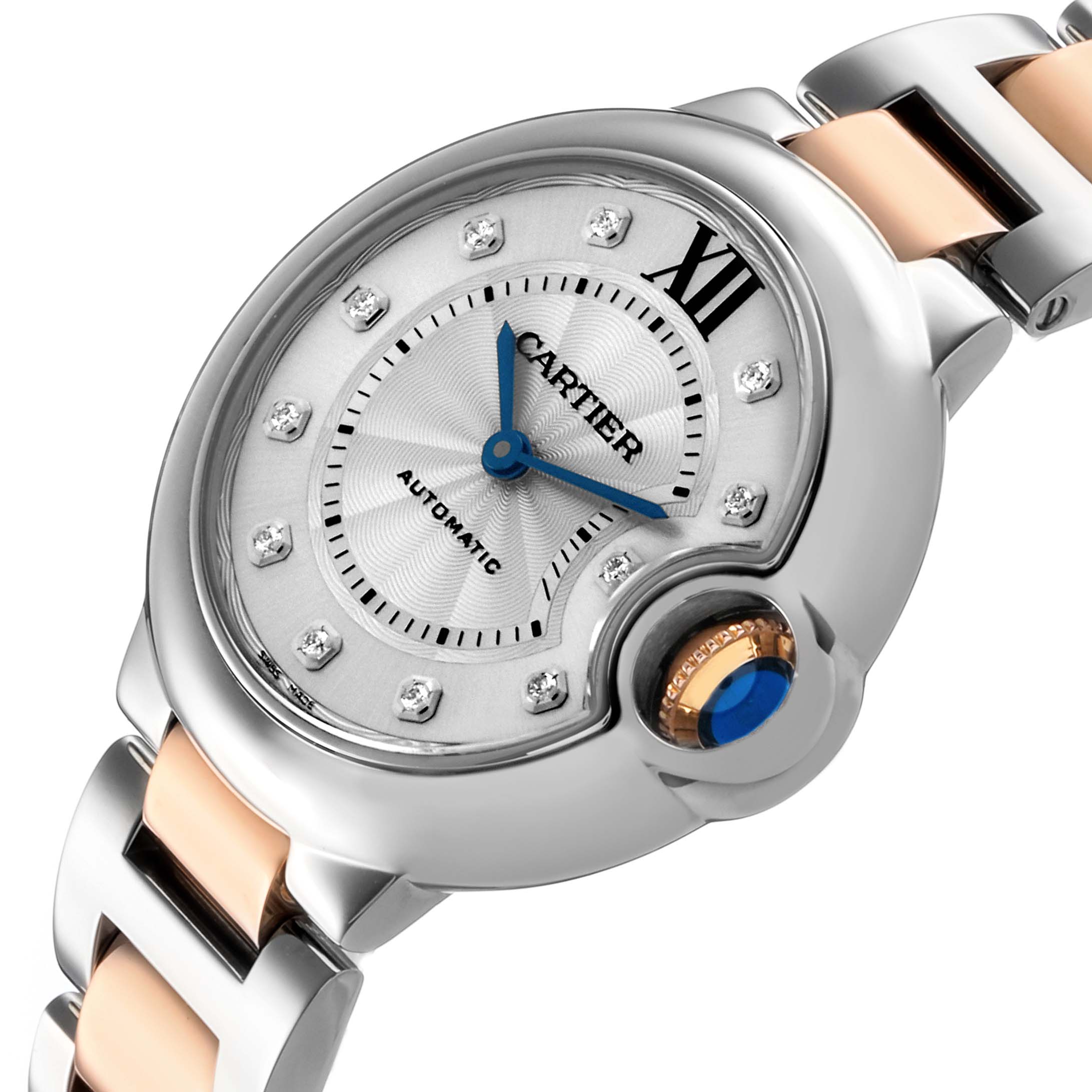 The Cartier Ballon Bleu WE902044 Women's Steel and Gold (two tone) Silver Dial watch is shown at a slight angle, highlighting the face, crown, and part of the bracelet.