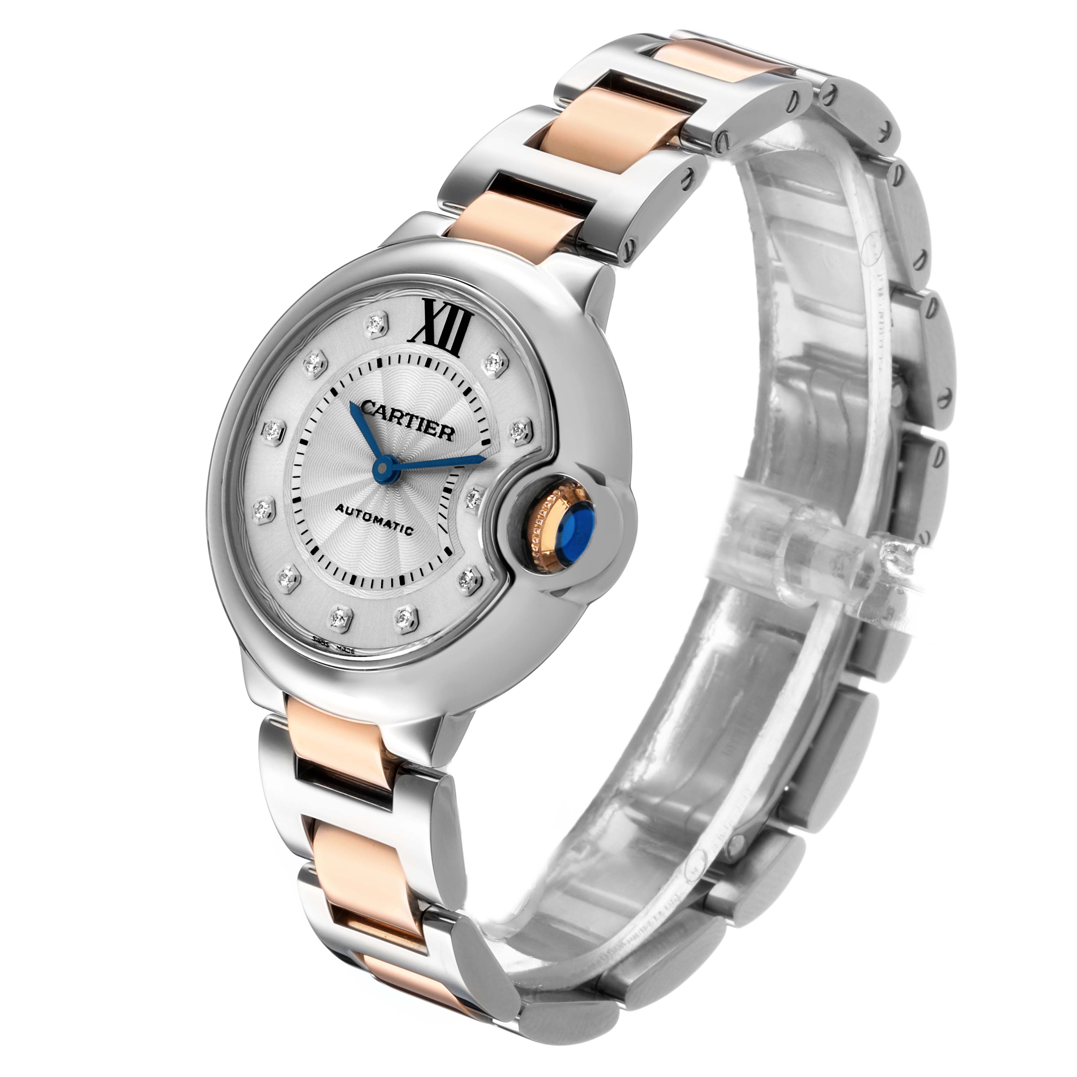 The Cartier Ballon Bleu WE902044 Women's Steel and Gold (two tone) Silver Dial watch is shown at a slight angle, highlighting its dial, crown, and metal bracelet.
