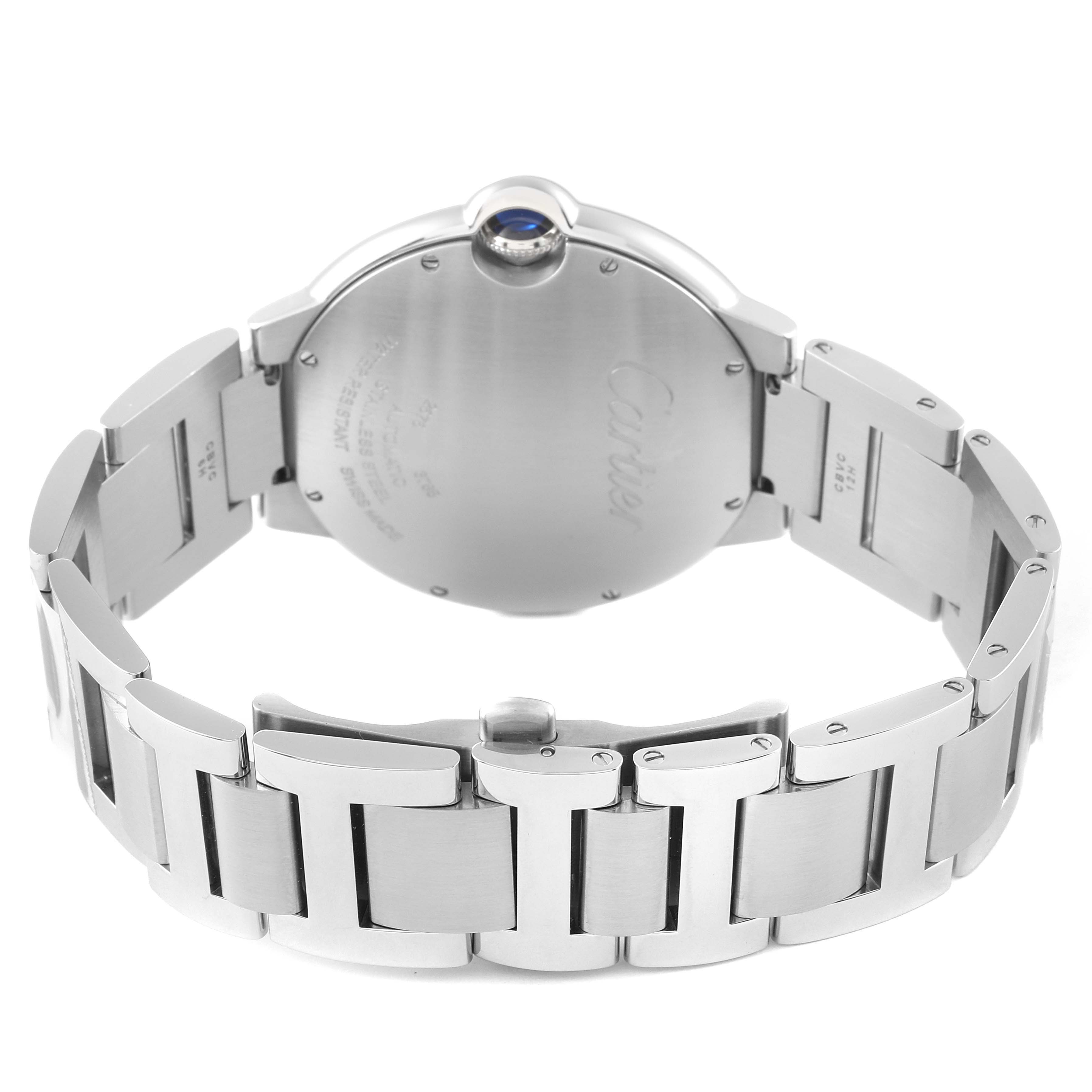 The image shows the back and bracelet of a Cartier Ballon Bleu W6920042 Men's Stainless Steel Black Dial W6920042 Men's Stainless Steel Black Dial watch from a rear angle.