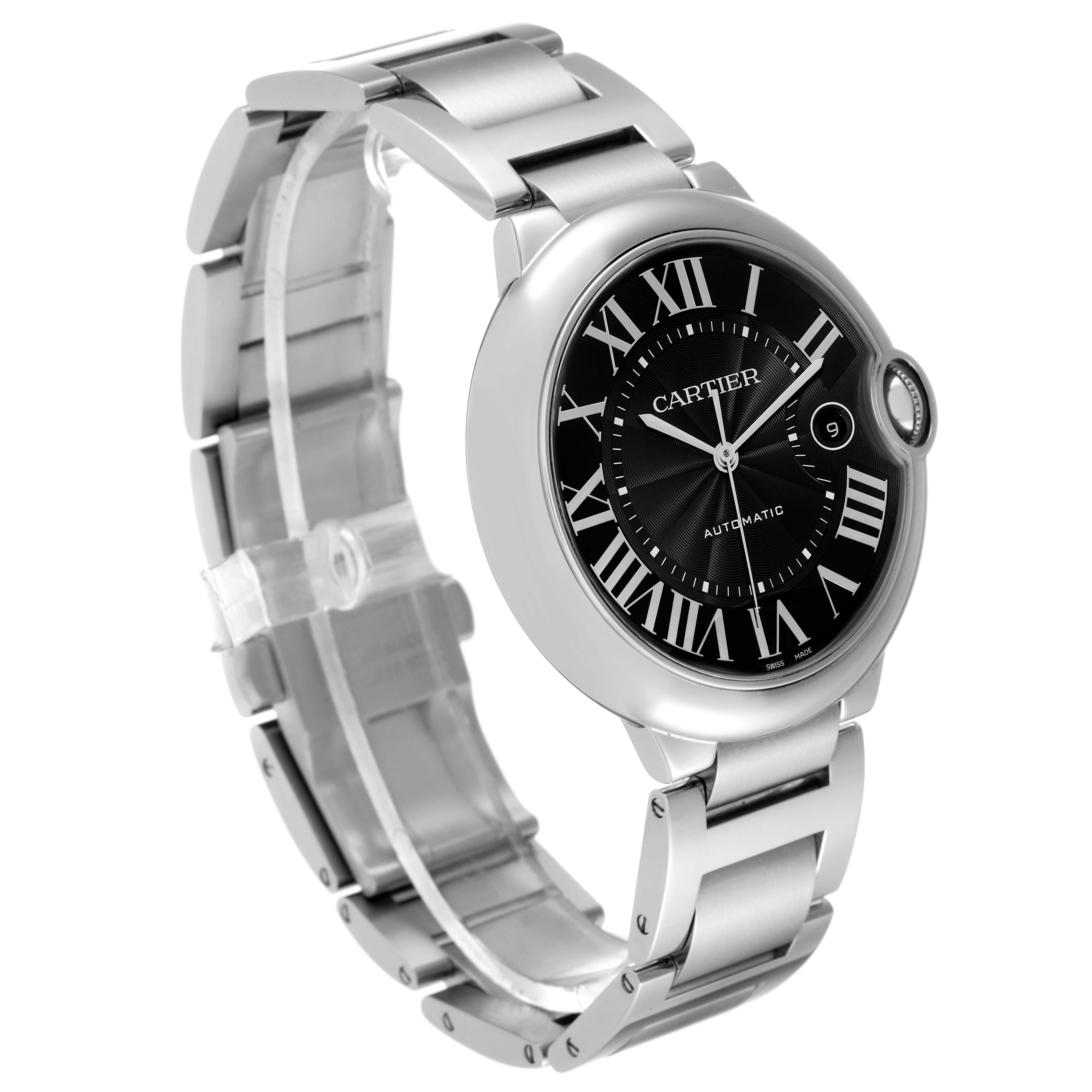The Cartier Ballon Bleu W6920042 Men's Stainless Steel Black Dial W6920042 Men's Stainless Steel Black Dial watch is shown at a three-quarter angle, displaying the face, bracelet, and clasp.