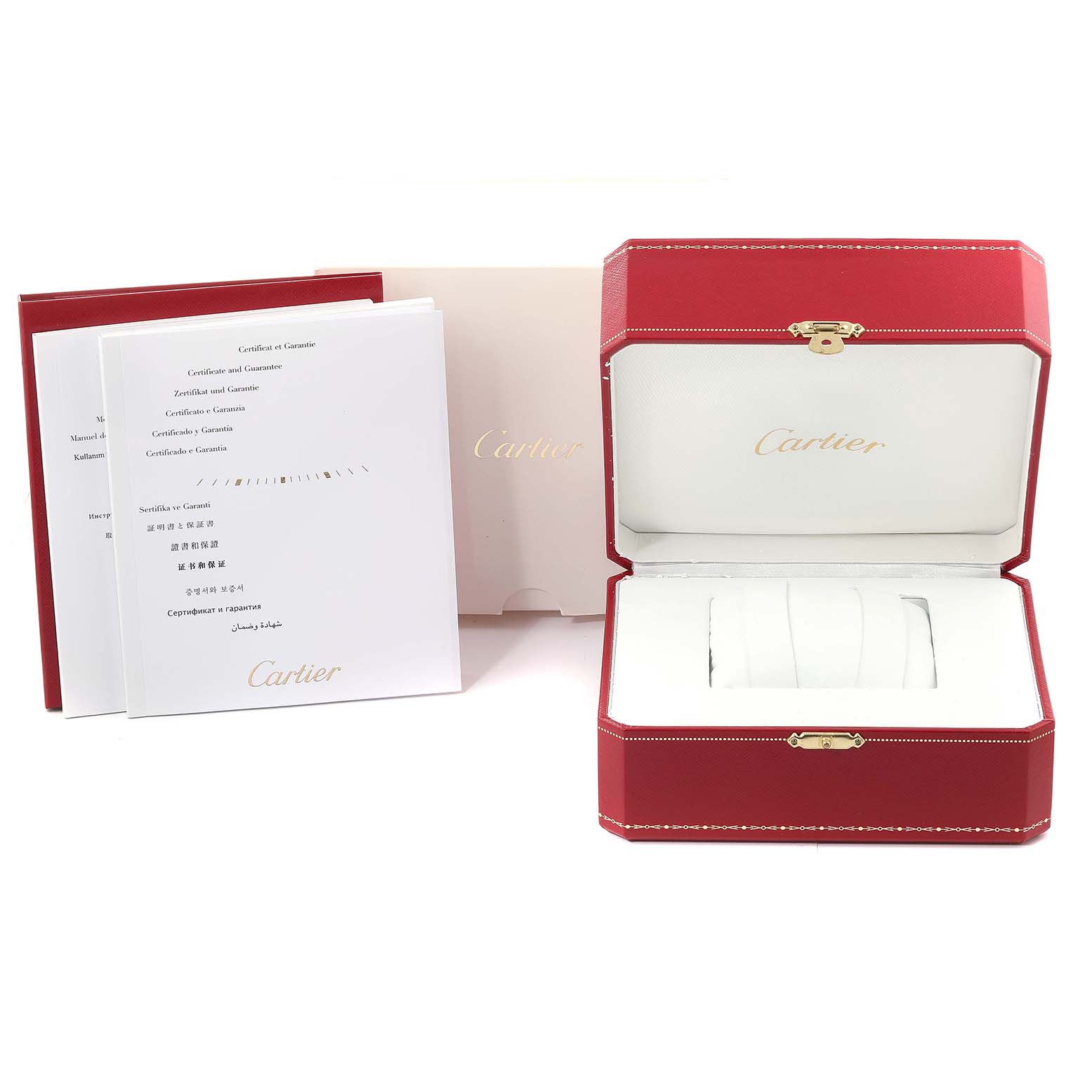 The image shows the packaging, certificate, and empty case for the Cartier Ballon Bleu W6920042 Men's Stainless Steel Black Dial W6920042 Men's Stainless Steel Black Dial watch.