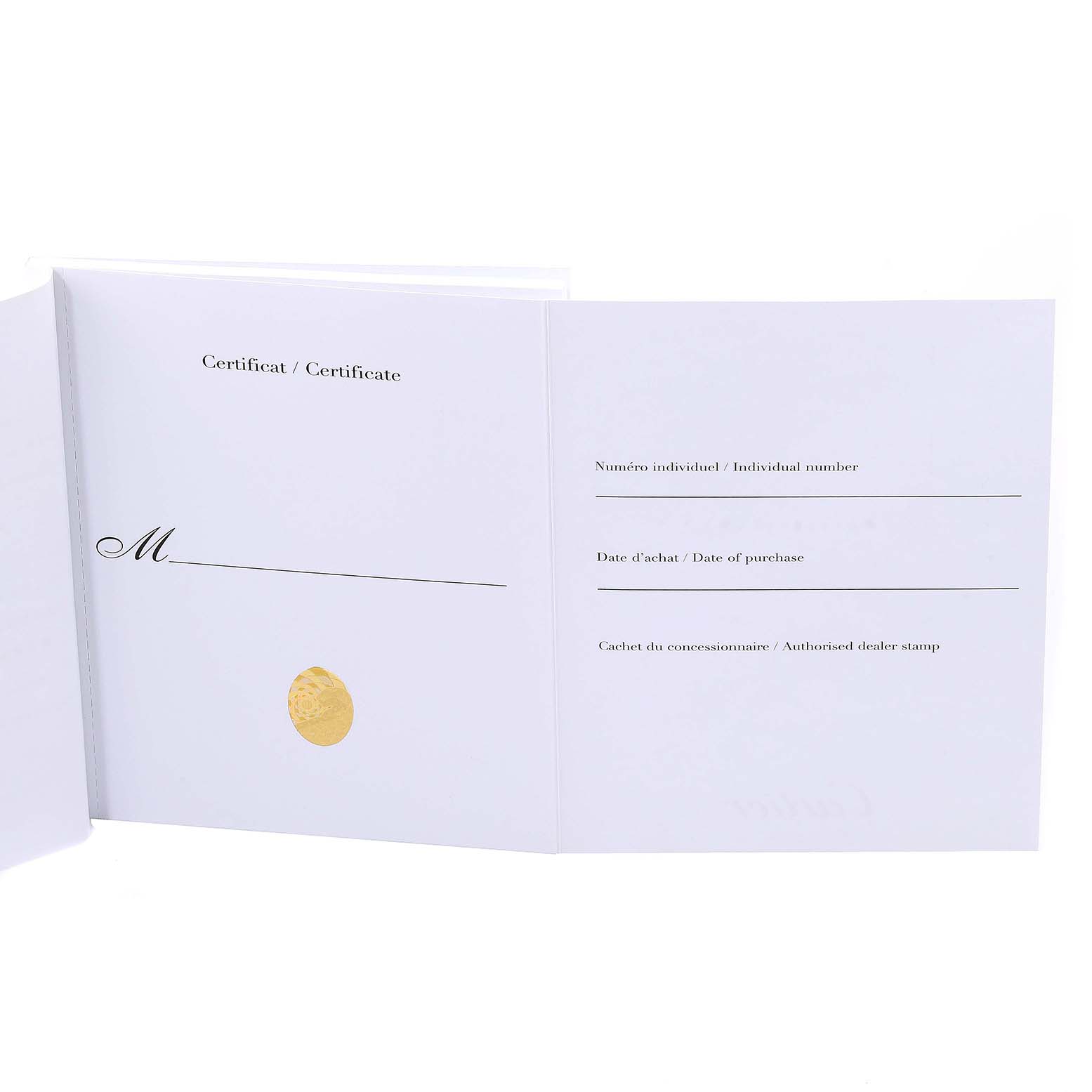 The image shows an open Certificate booklet for the Ballon Bleu model by Cartier.