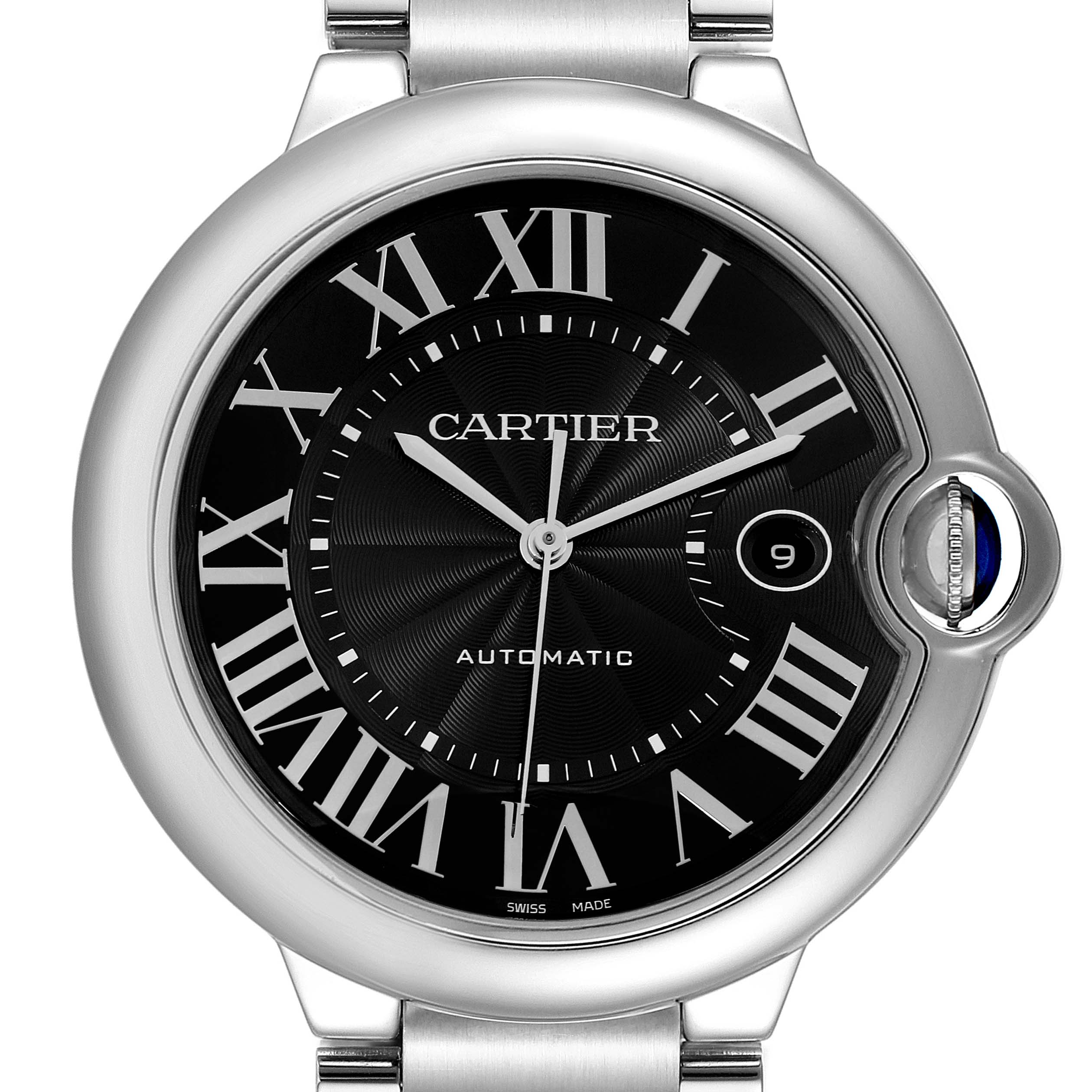 The Cartier Ballon Bleu W6920042 Men's Stainless Steel Black Dial W6920042 Men's Stainless Steel Black Dial watch is shown from a front view, highlighting the dial, Roman numerals, and date window.