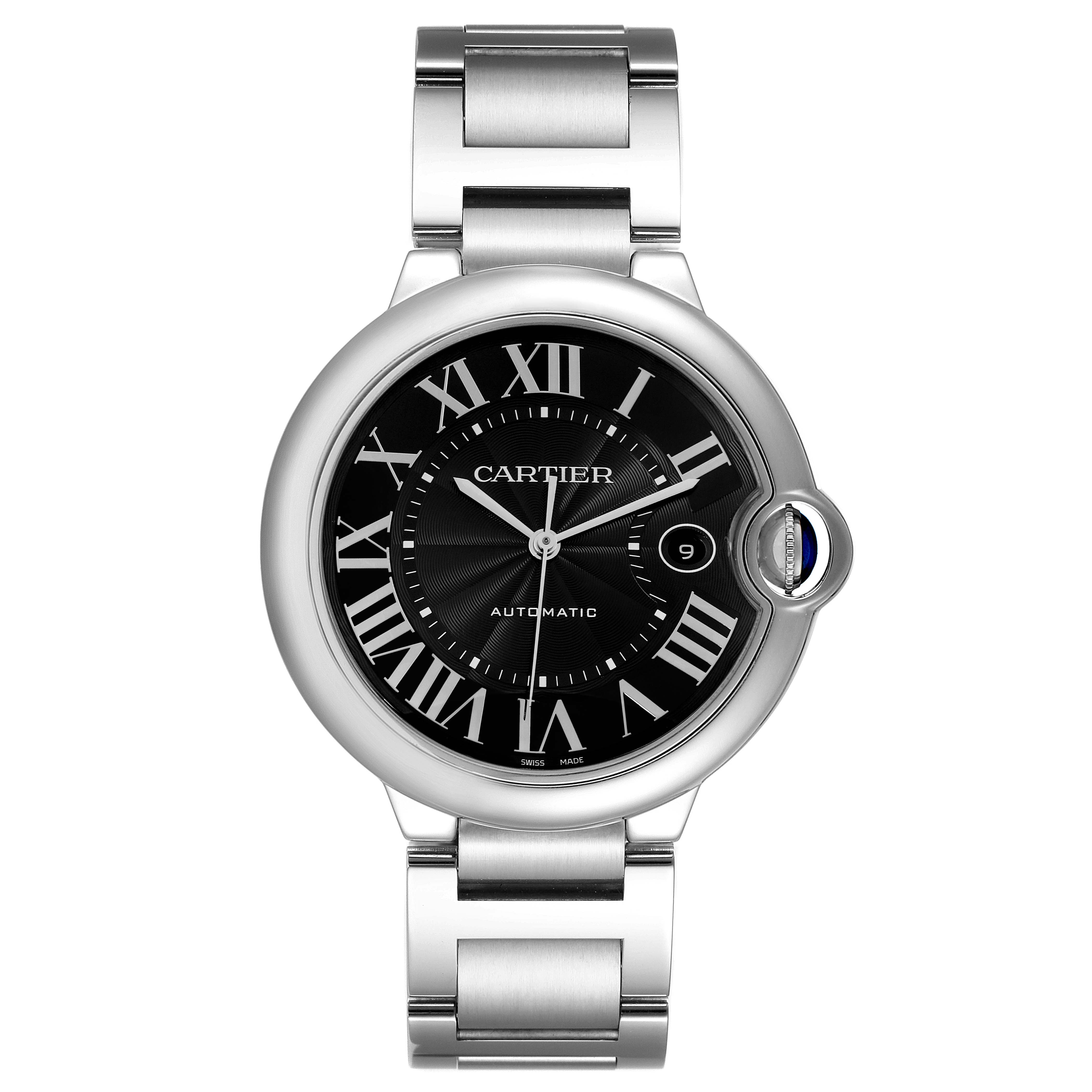 This image shows a front view of a Cartier Ballon Bleu W6920042 Men's Stainless Steel Black Dial W6920042 Men's Stainless Steel Black Dial watch highlighting its black dial, Roman numerals, and metal bracelet.