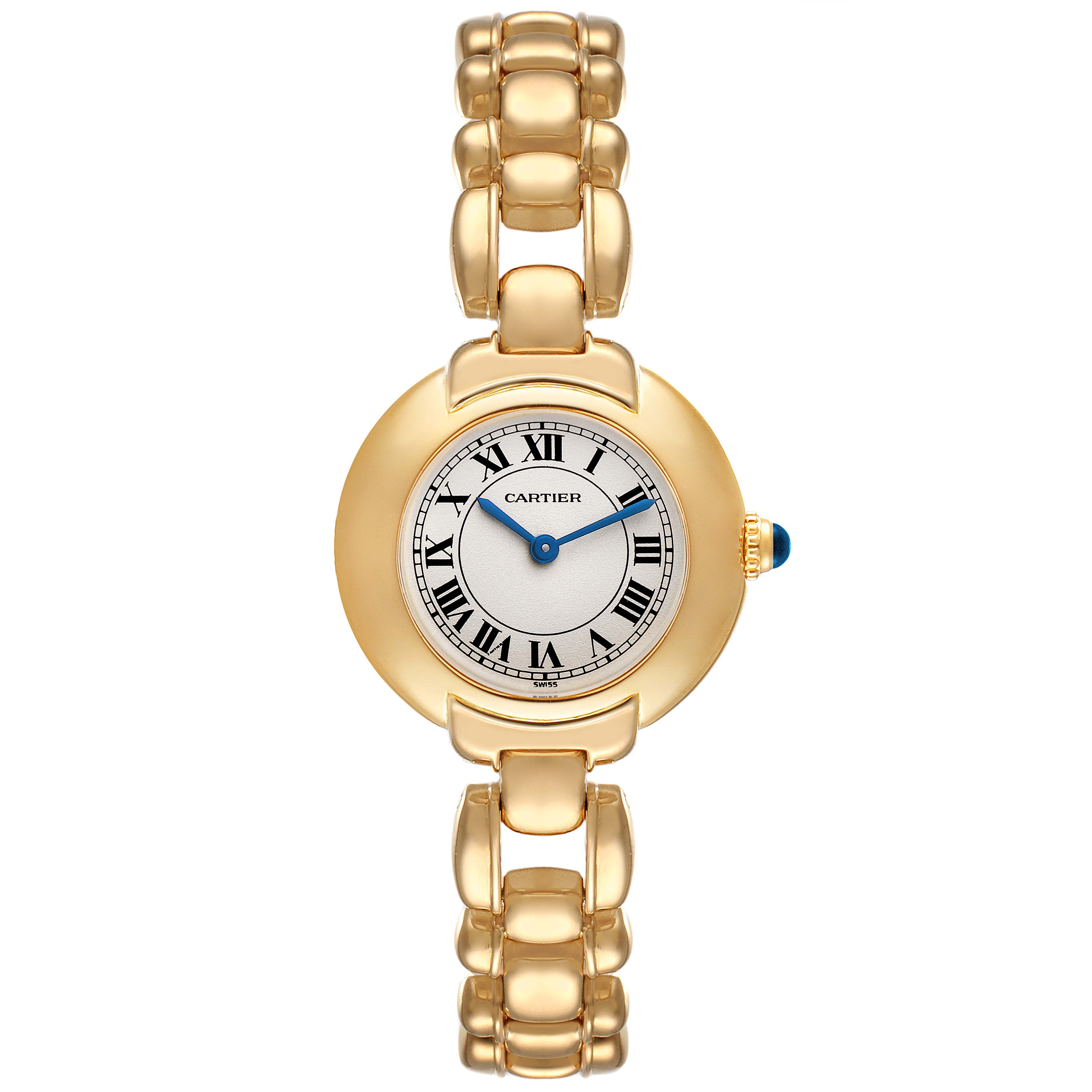 The image shows a front view of a Cartier Colisee Women's Yellow Gold Silver Dial Women's Yellow Gold Silver Dial model watch displaying its dial, case, and part of the gold bracelet.