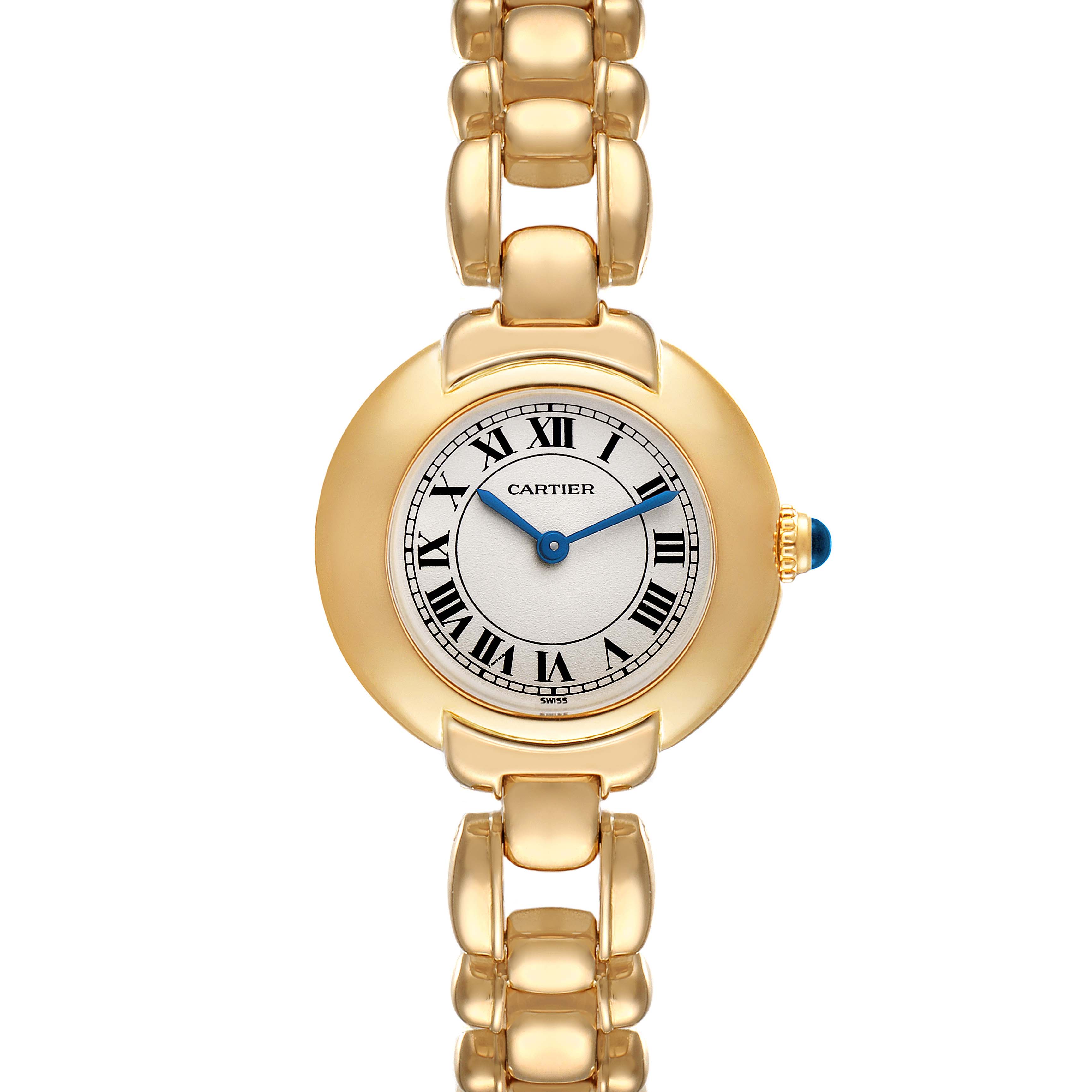 The image shows a front view of the Cartier Colisee Women's Yellow Gold Silver Dial Women's Yellow Gold Silver Dial watch, highlighting its gold bracelet and round dial with Roman numerals.