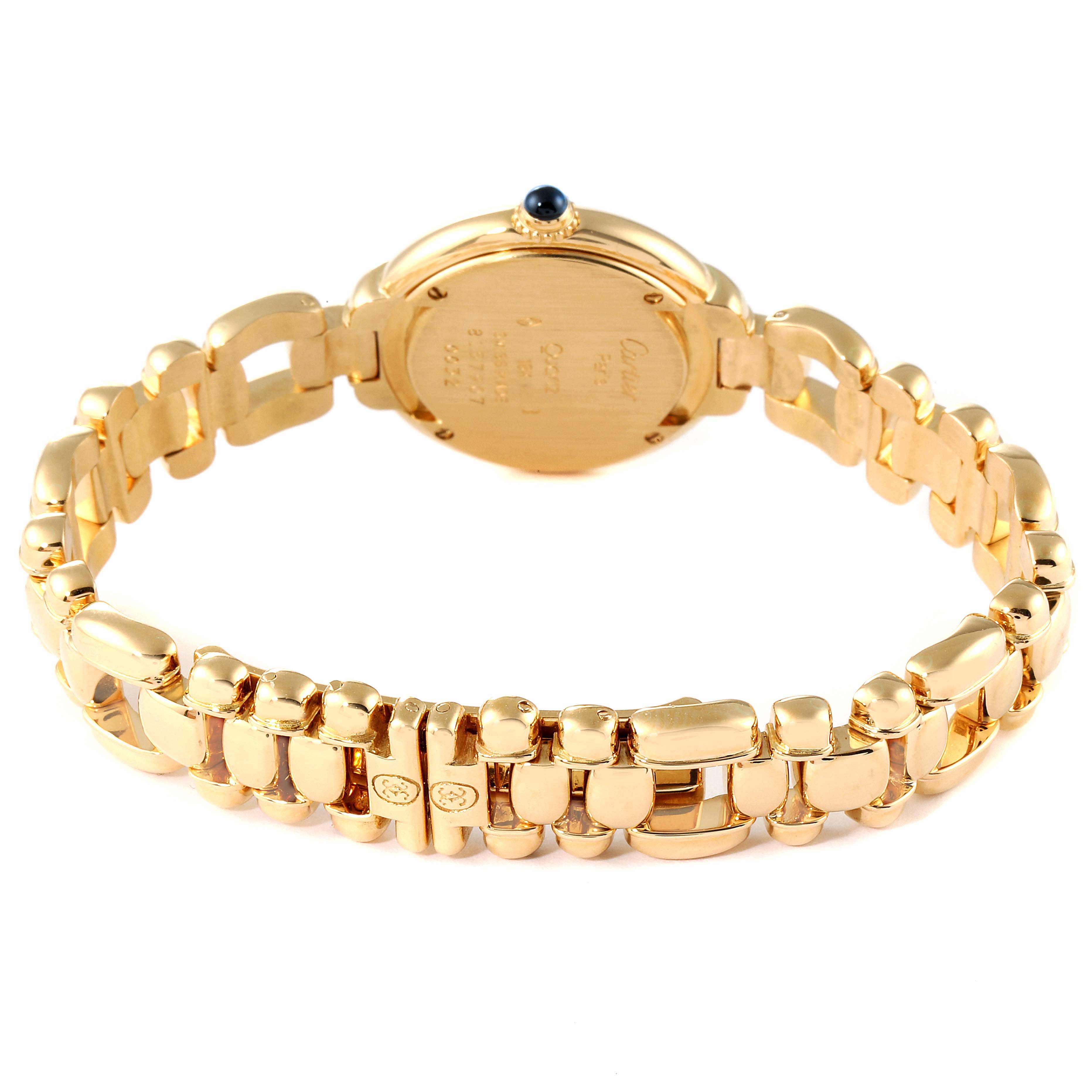 This image shows the back of a Cartier Colisee Women's Yellow Gold Silver Dial Women's Yellow Gold Silver Dial watch, highlighting its gold bracelet and case back.