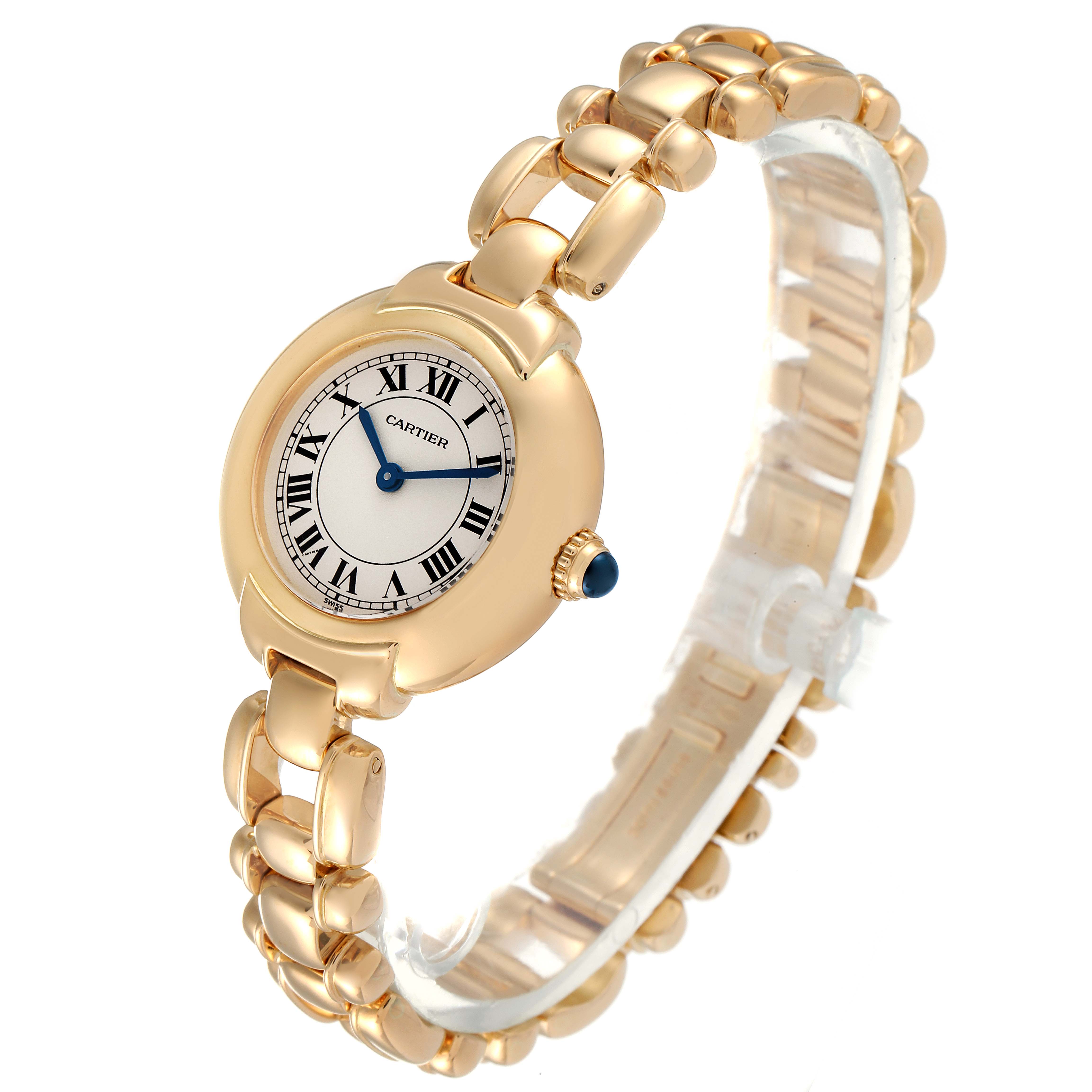 The image shows a Cartier Colisee Women's Yellow Gold Silver Dial Women's Yellow Gold Silver Dial watch from an angled perspective, highlighting the watch face, bracelet, and crown.
