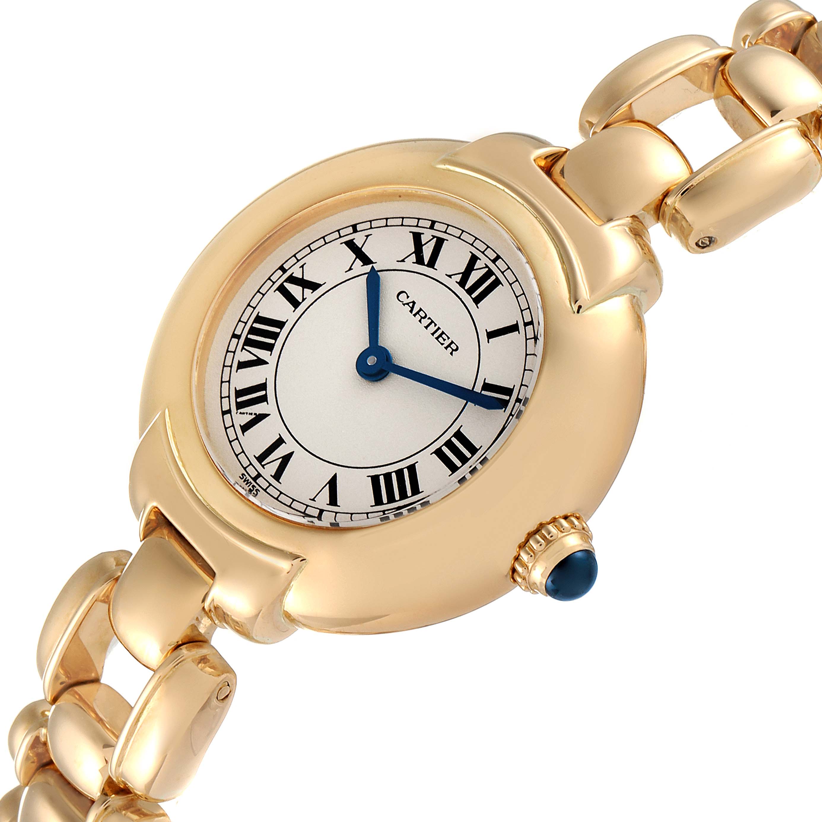 The image shows a close-up angled view of a Cartier Colisee Women's Yellow Gold Silver Dial Women's Yellow Gold Silver Dial watch, highlighting its gold case, bracelet, and Roman numeral dial.