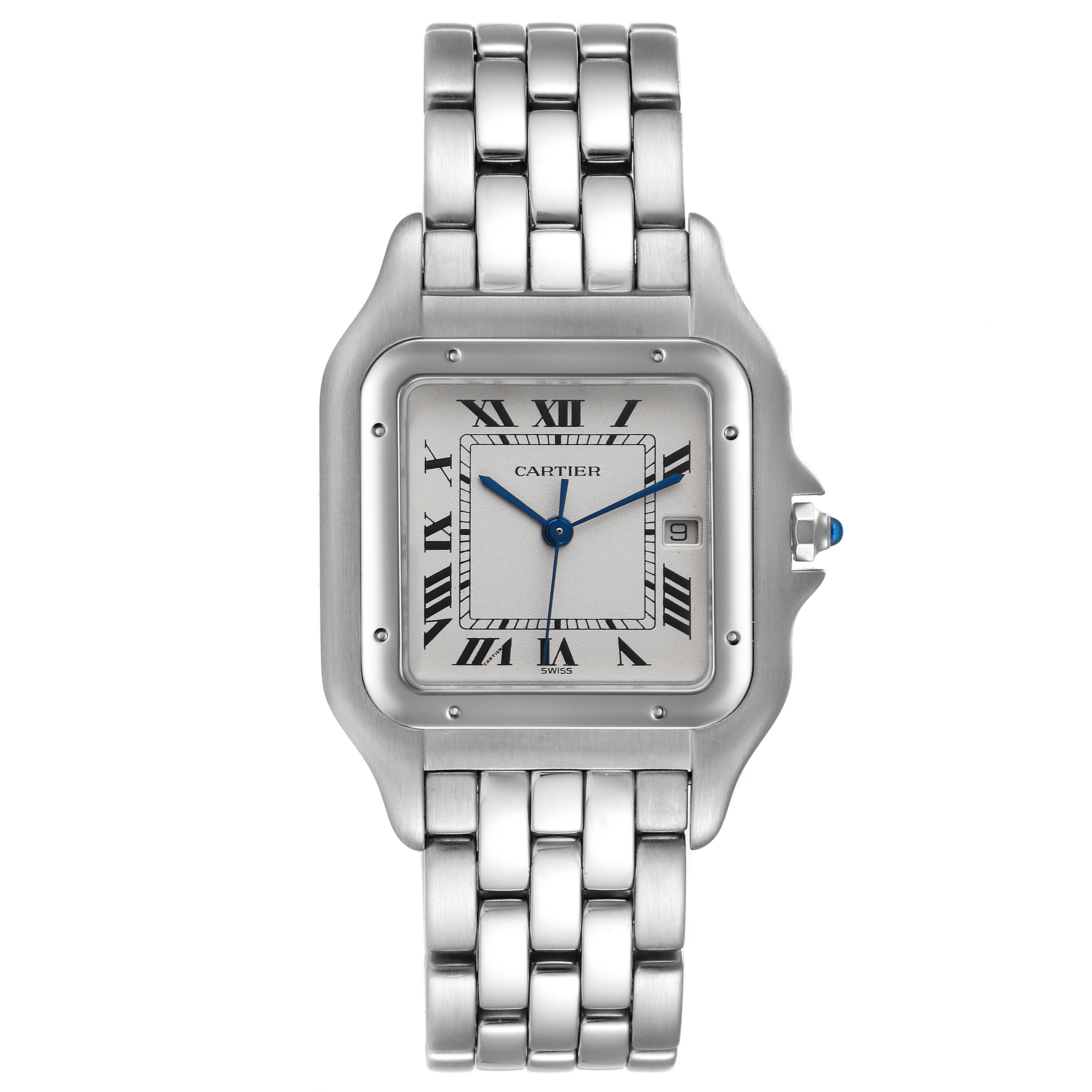 This image shows a Cartier Panthere W25032P5 Men
s Stainless Steel Silver Dial W25032P5 Men
s Stainless Steel Silver Dial watch viewed from the front, displaying its square face, Roman numerals, and metal bracelet.